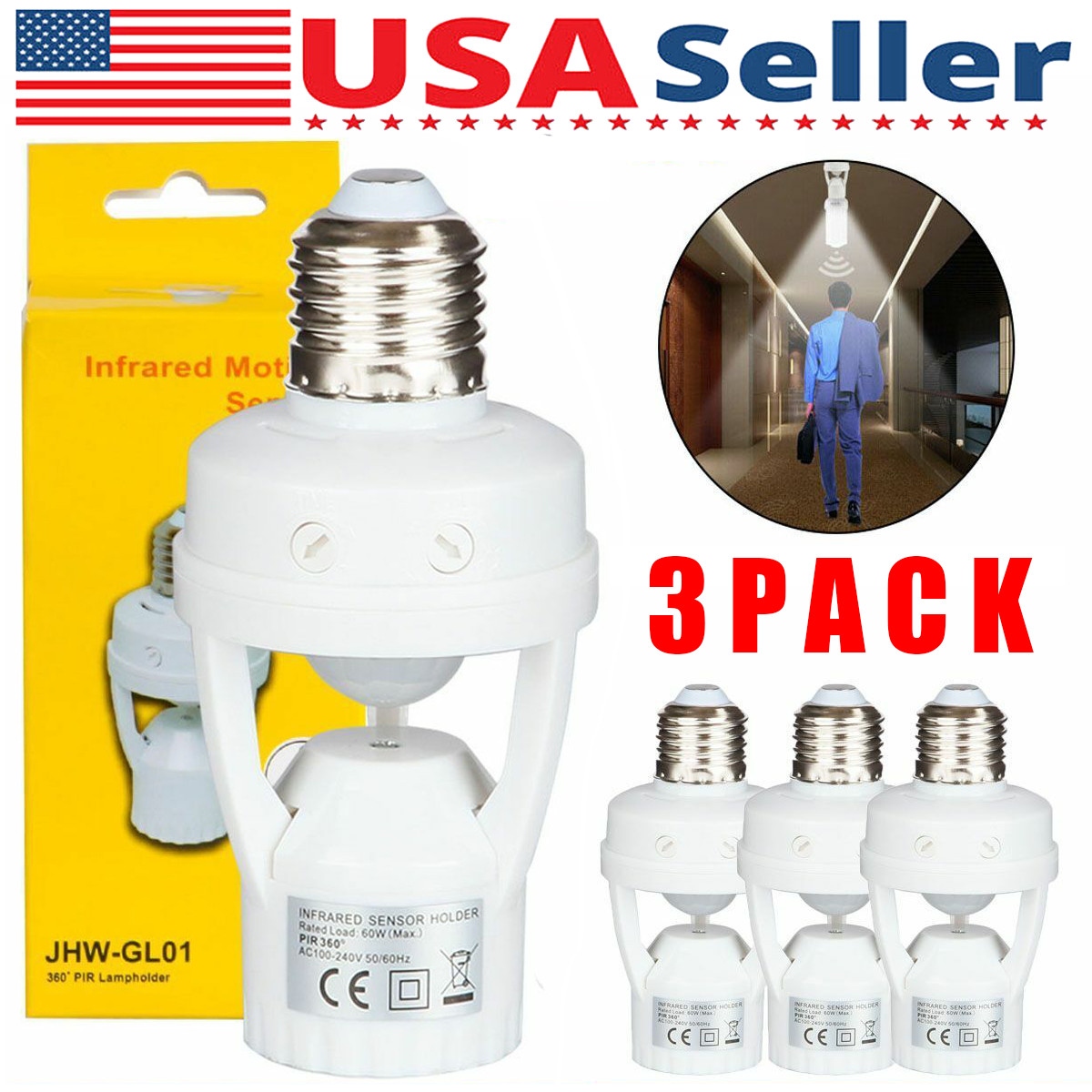 3 Pack E27 LED Light Lamp Bulb Holder Socket Switch Infrared PIR Motion Sensor