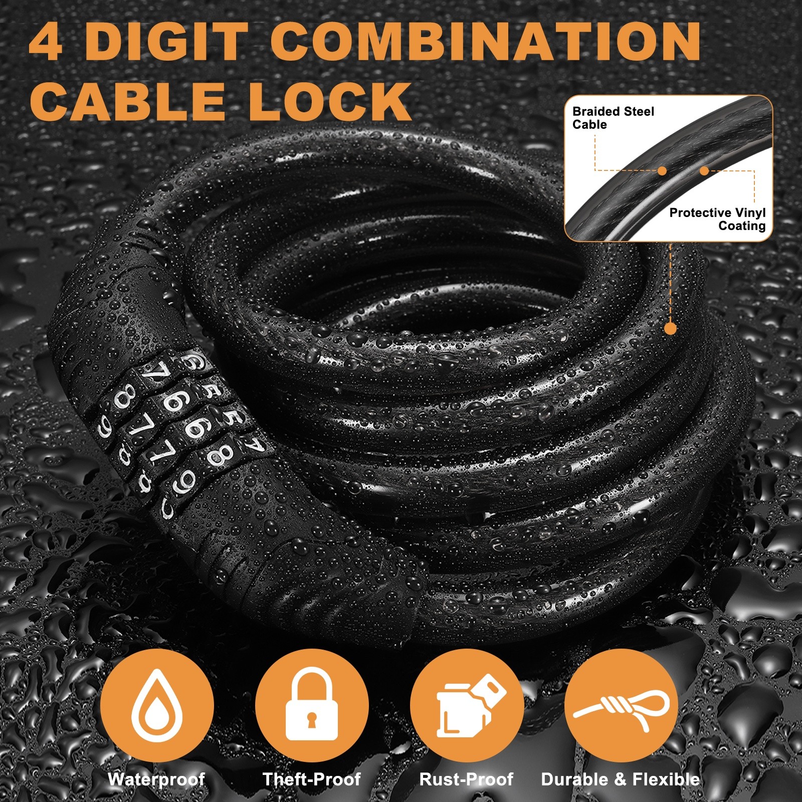 150cm Bike Lock Cable, Security Bike Wire with 4 Digit Code Combination, Black