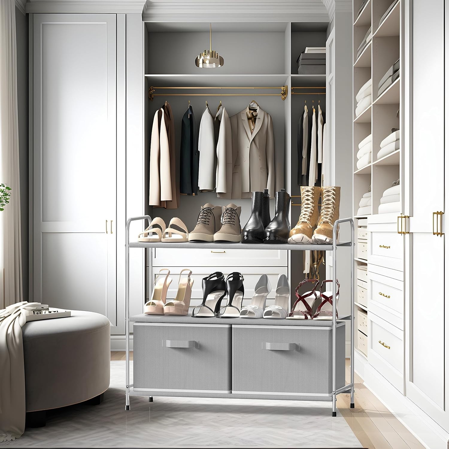 3-Tier Closet Storage W/ 2 Drawers Grey