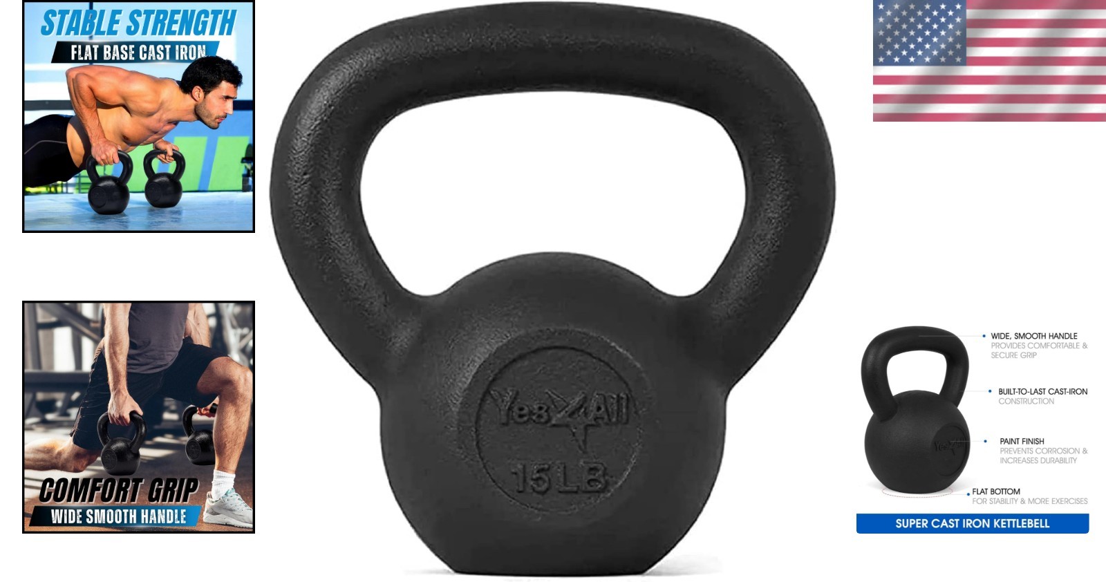 Durable 15 Lbs Black Cast Iron Kettlebell - Strength & Cardio Exercise Essential
