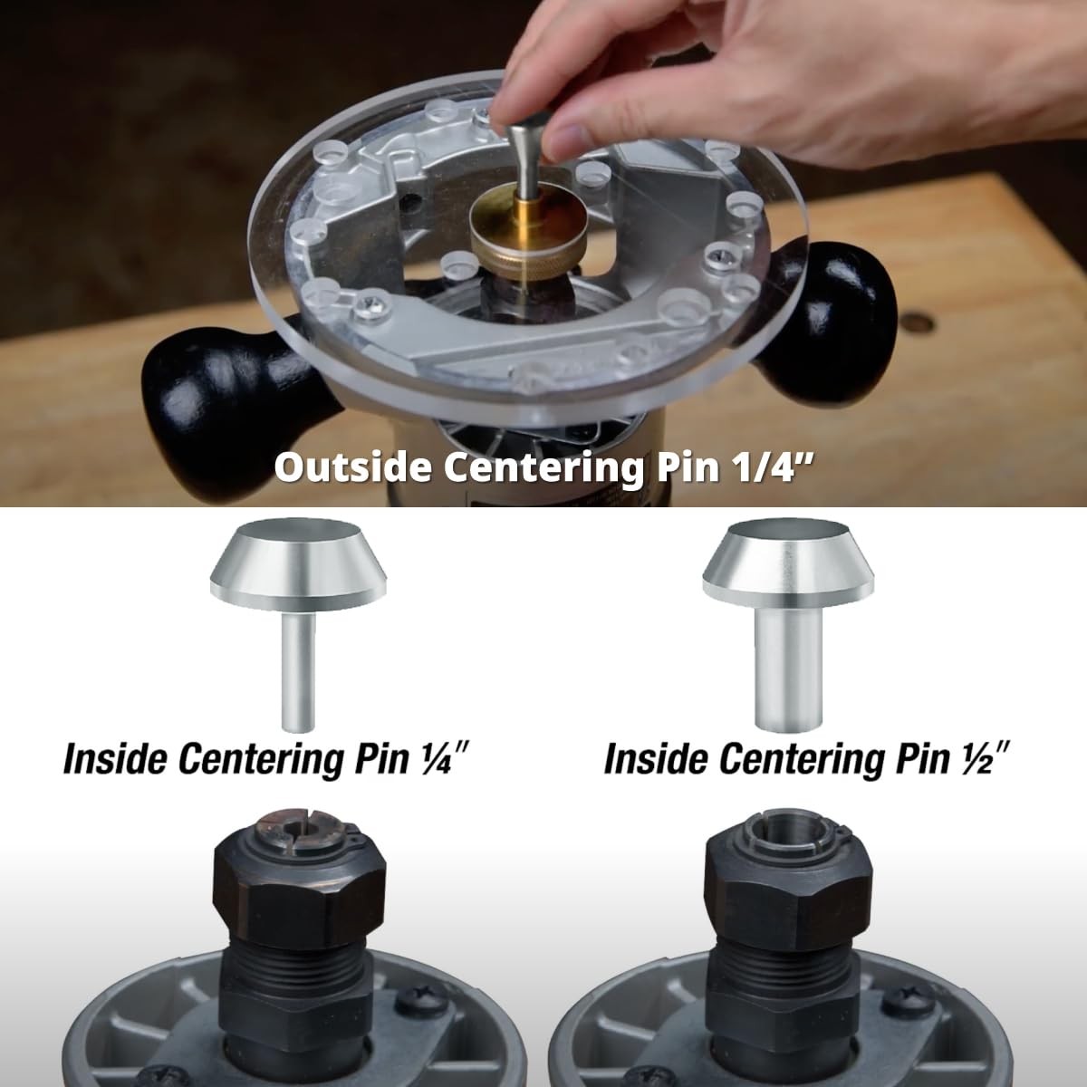 Router Subbase Centering Pin & Cone Set w/ 1/2" & 1/4" Inside Centering Guide...