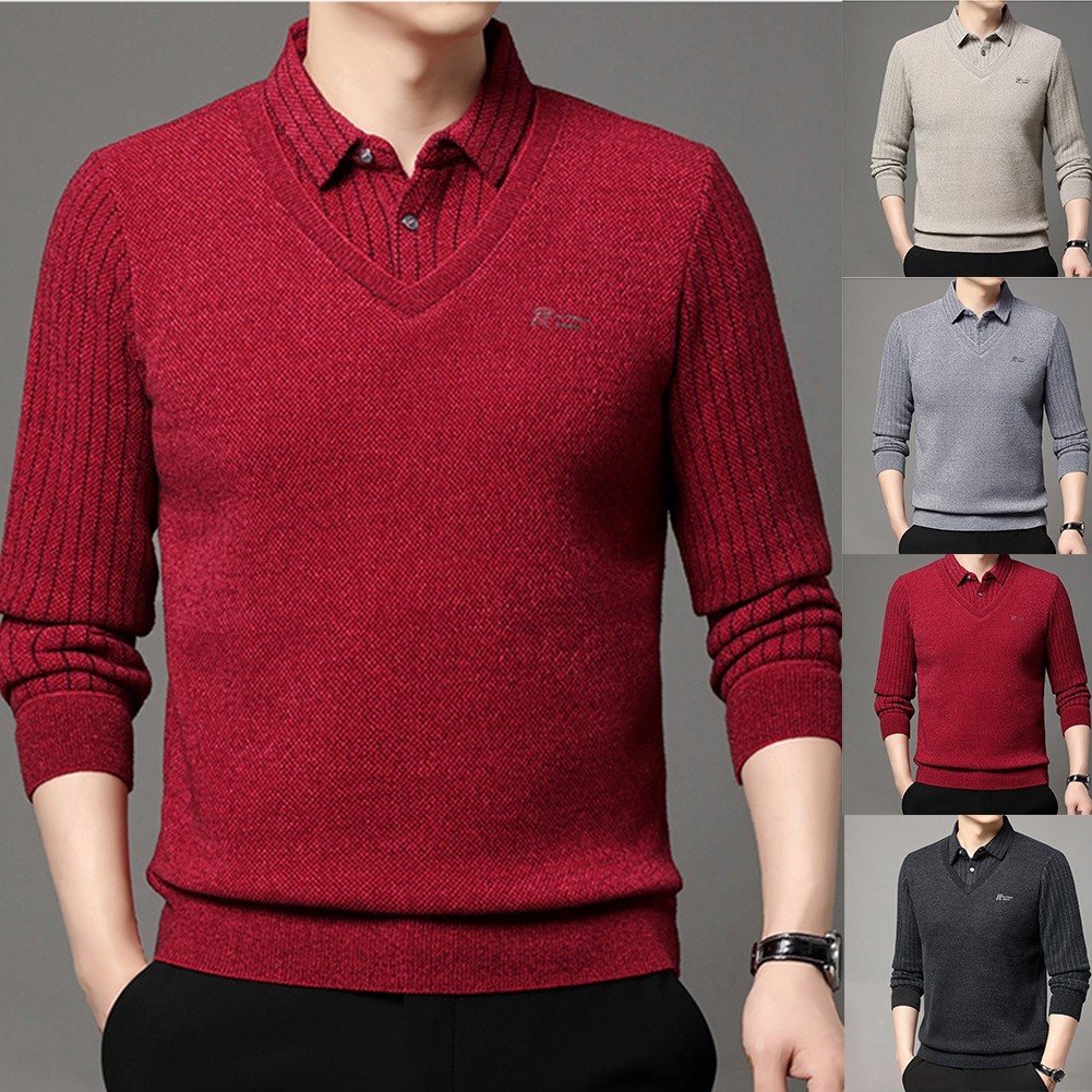 Mens Casual Winter Fleece Sweater Pullover Fake Two Piece Long Sleeve Shirt