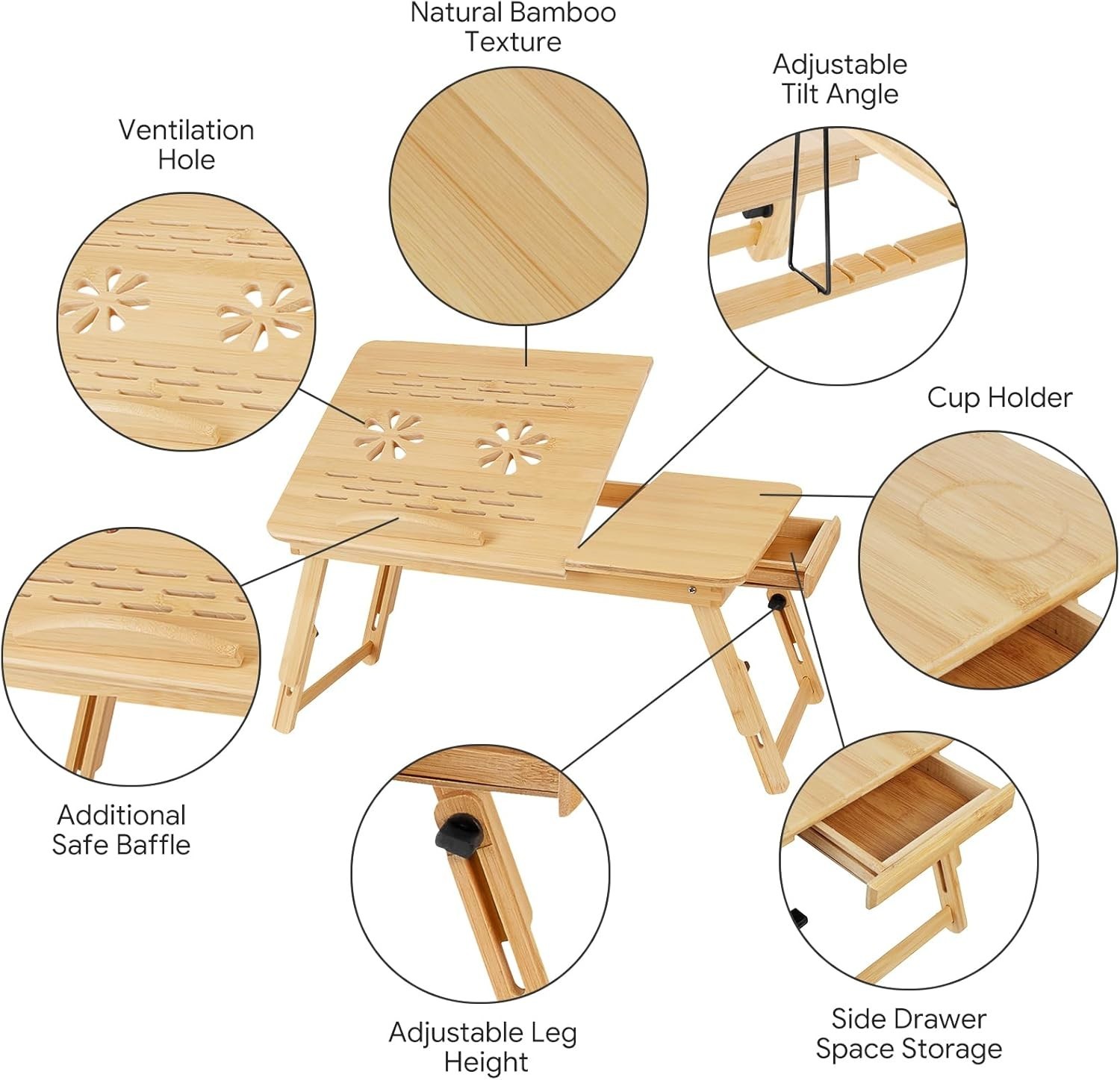 Bamboo Laptop Desk for Bed, Height & Angle Adjustable Foldable Lap Desk with ...