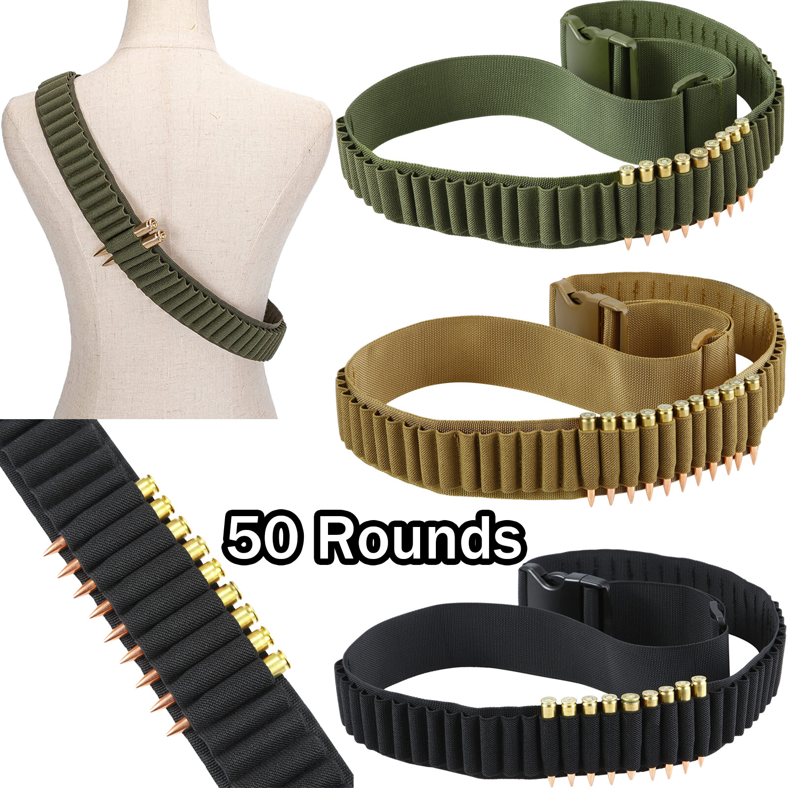 Tactical 50 Shell Rifle Bullet Bandolier f.357 7.62x39mm .38 .410 30-30 .270 9mm