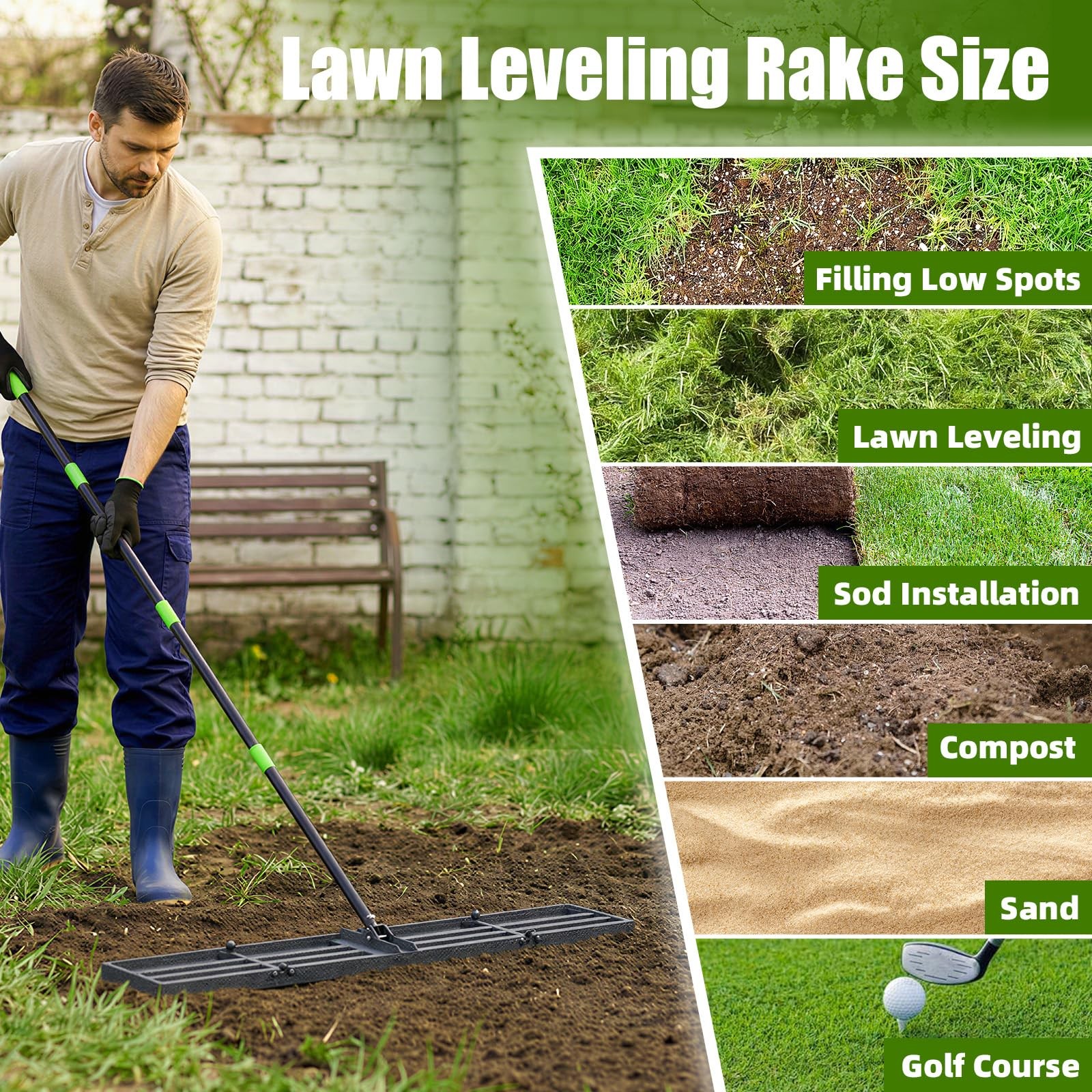 48×10 Anti-Flip Lawn Leveling Rake,76” Adjustable Handle