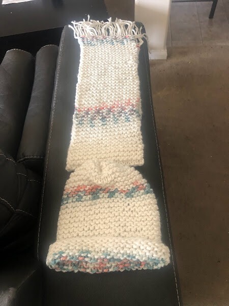 Hand made knitted scarf  and hat multi color 50 inches by 5 inches.