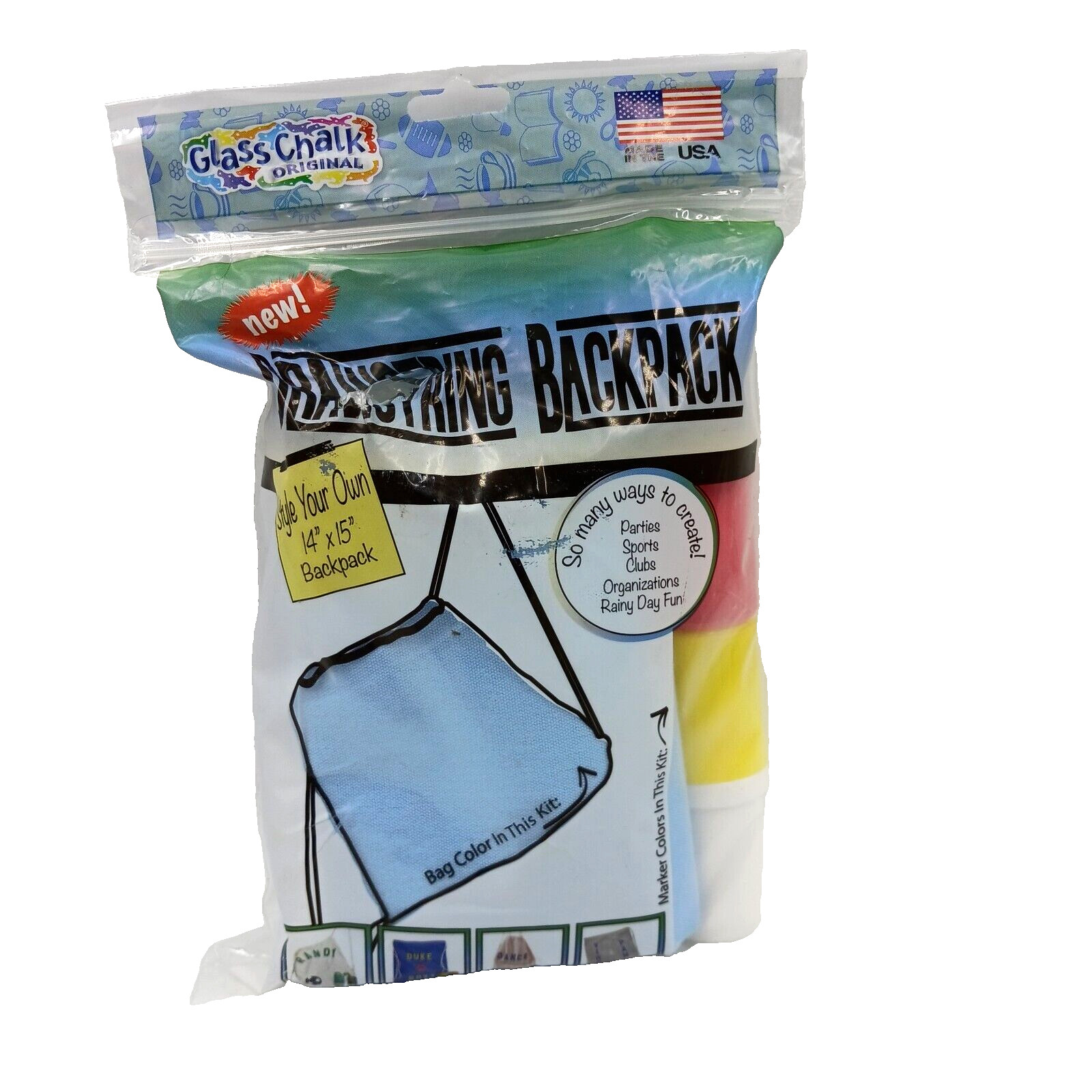 Glass Chalk Original Drawstring Backpack Style Your Own 14" X 15" Blue Color New