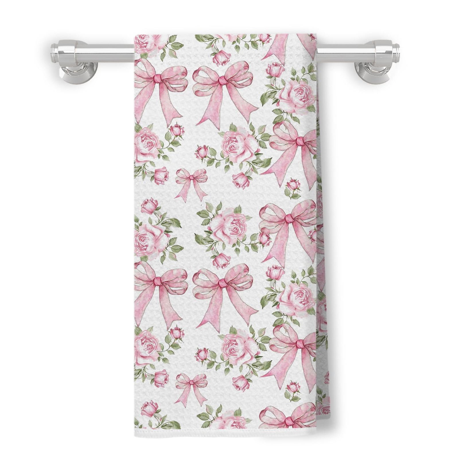 Coquette Pink Bow Floral Kitchen Towel 16x24 Inch, Cottagecore Dish Cloth