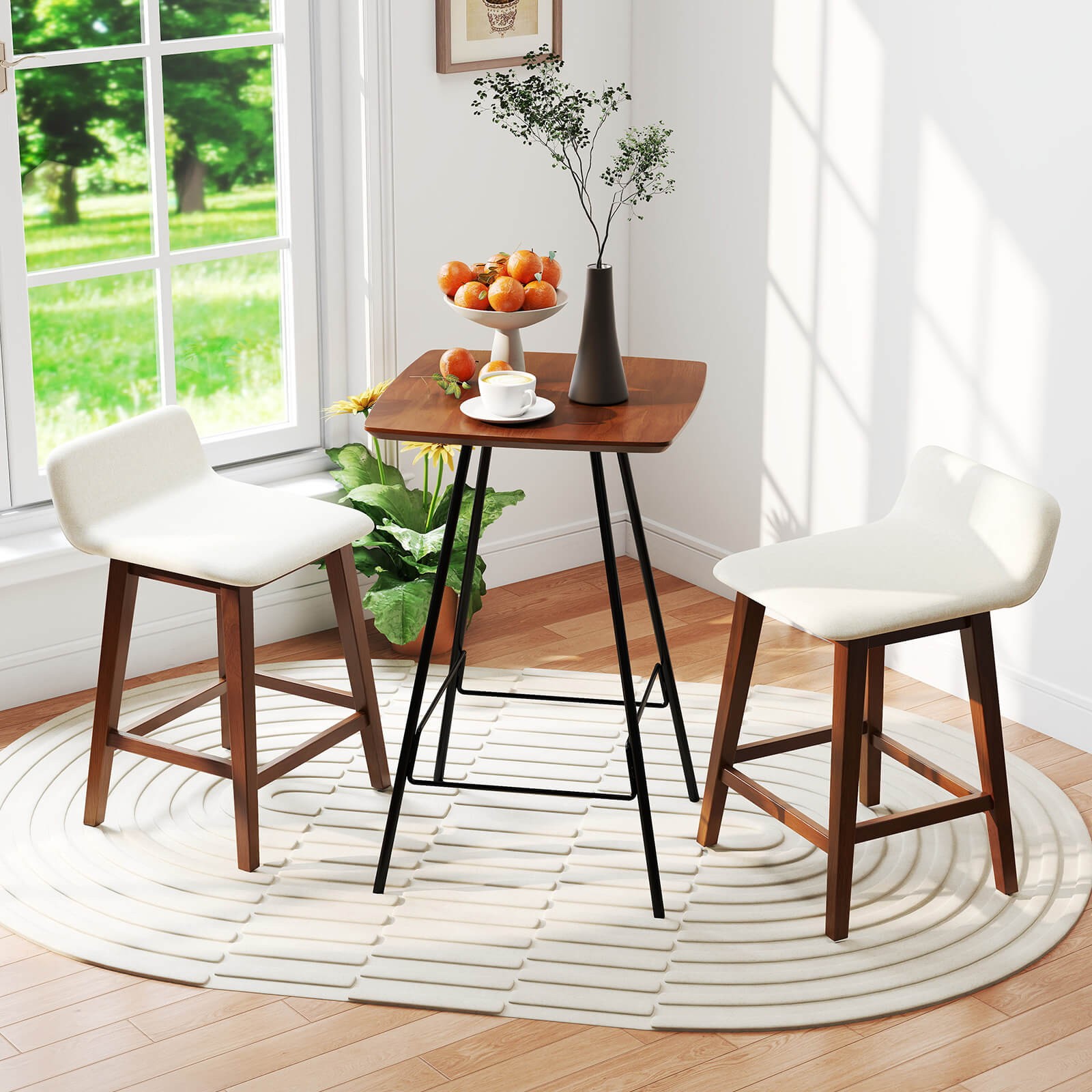 24" Upholstered Barstools w/ Low Back Footrest and Wood Legs for Kitchen Island