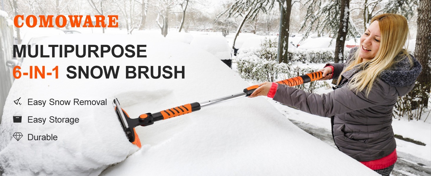 Extendable Snow Brush & Ice Scraper Combo Kit - 6-in-1 Snow Removal Tool for Car