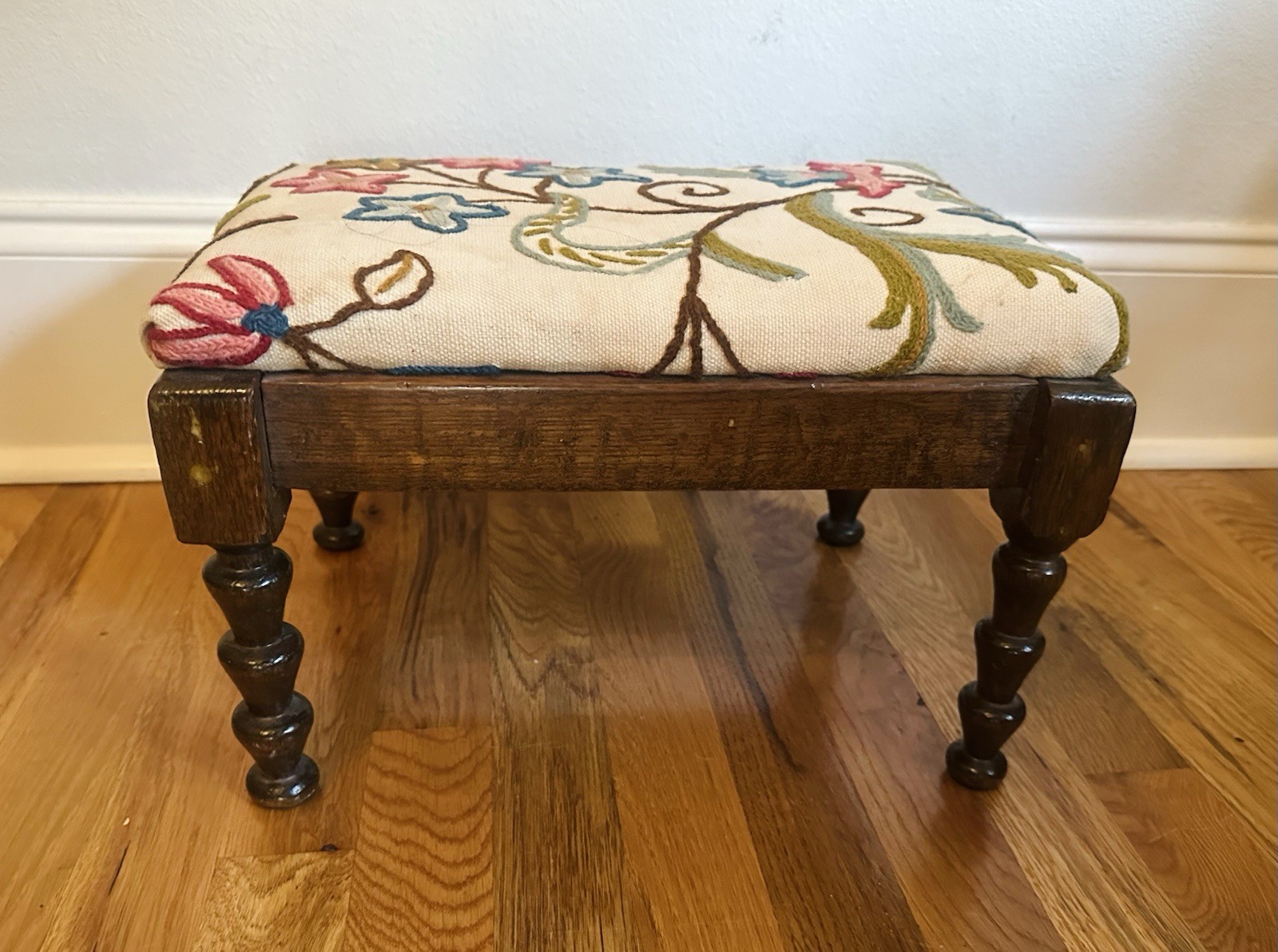 Antique English Bobbin Turned Wood  Upholstered Footstool w Floral Design