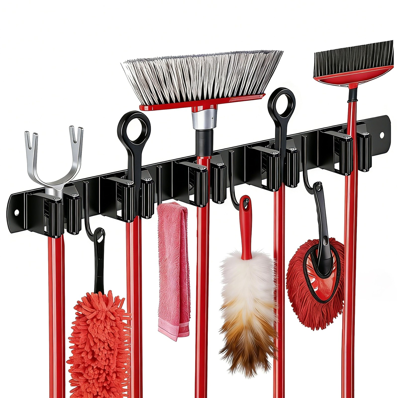 SUS304 5 Racks and 4 Hooks Mop and Broom Holder Wall Mount | Heavy Duty Self ...