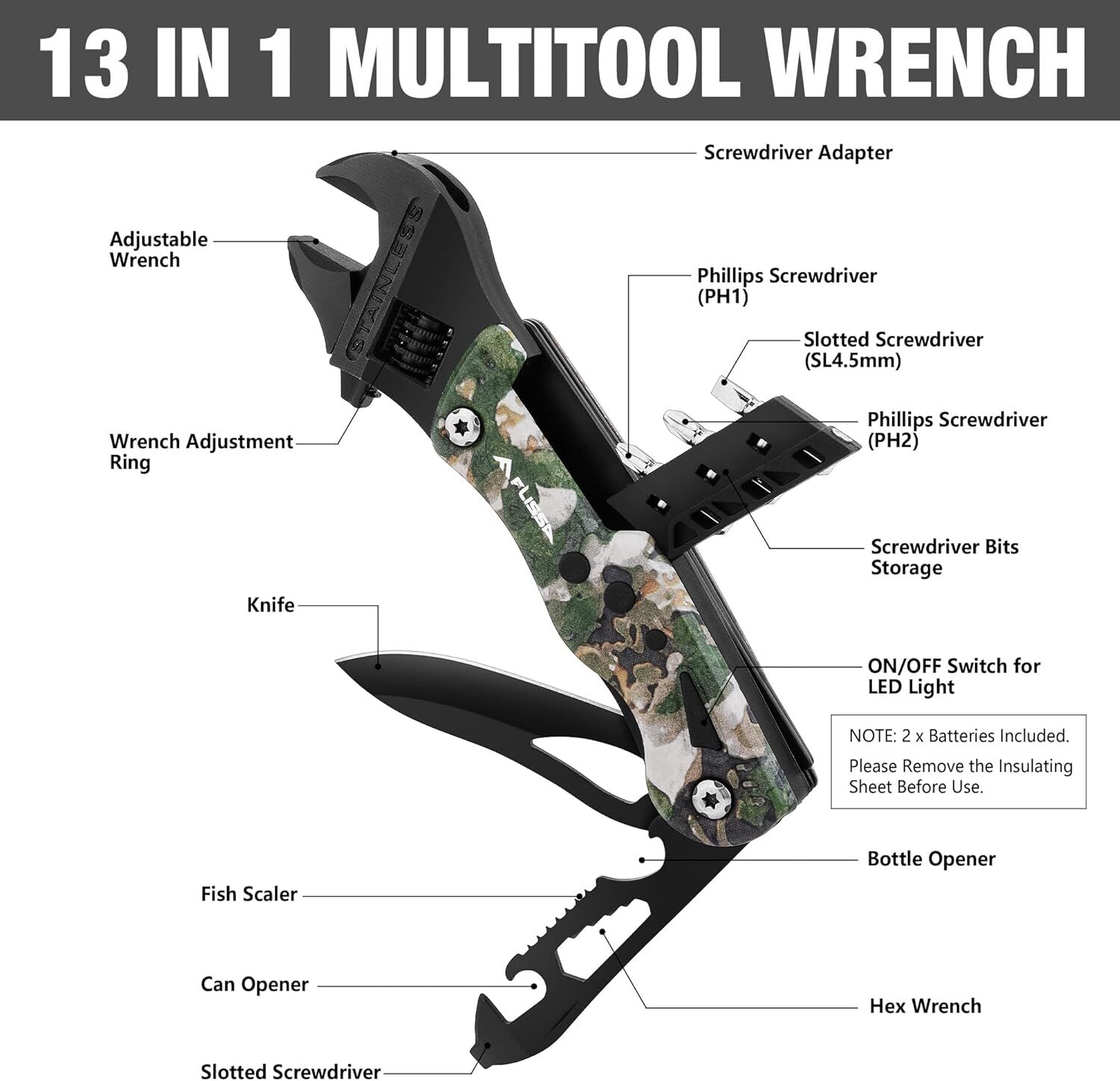 FLISSA 13-in-1 MultiTool Wrench Stainless Steel Camo Multitool Adjustable Wrench