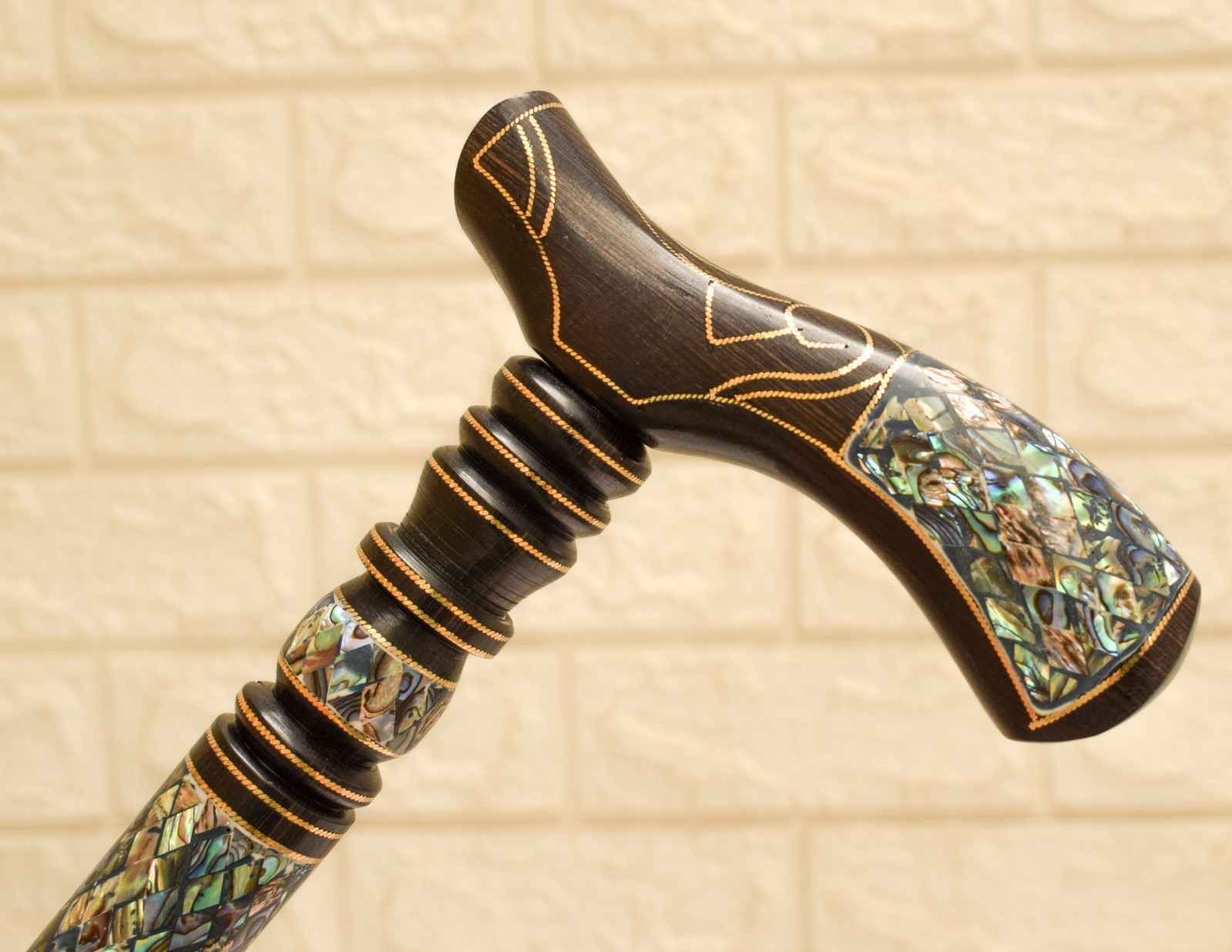 Ebony Walking Cane with Mother of Pearl Inlay Handmade Luxury Abalone Stick 36"