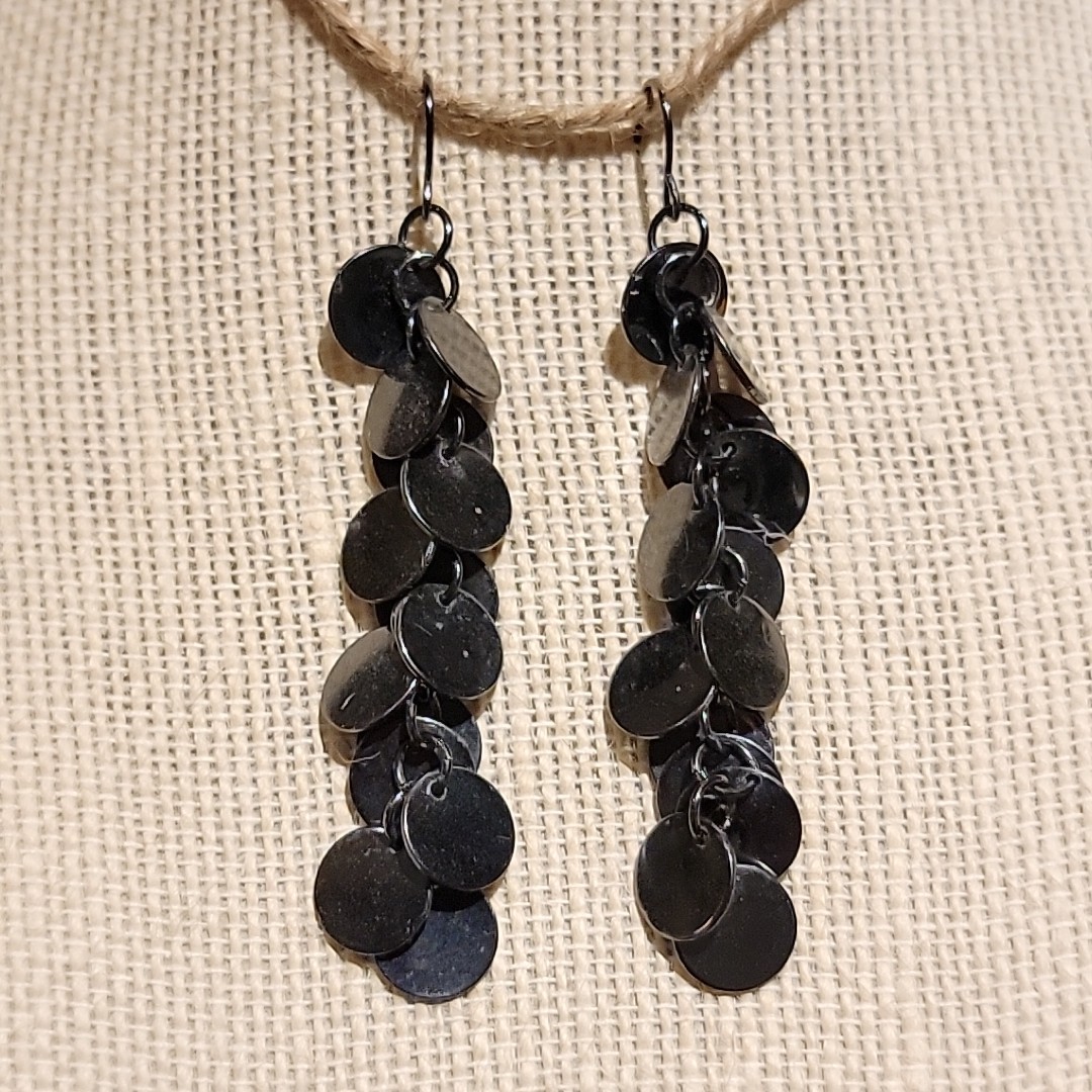Vintage Black Metal Tiered Circle Disc Charm Dangle Earrings Boho Artsy Retro