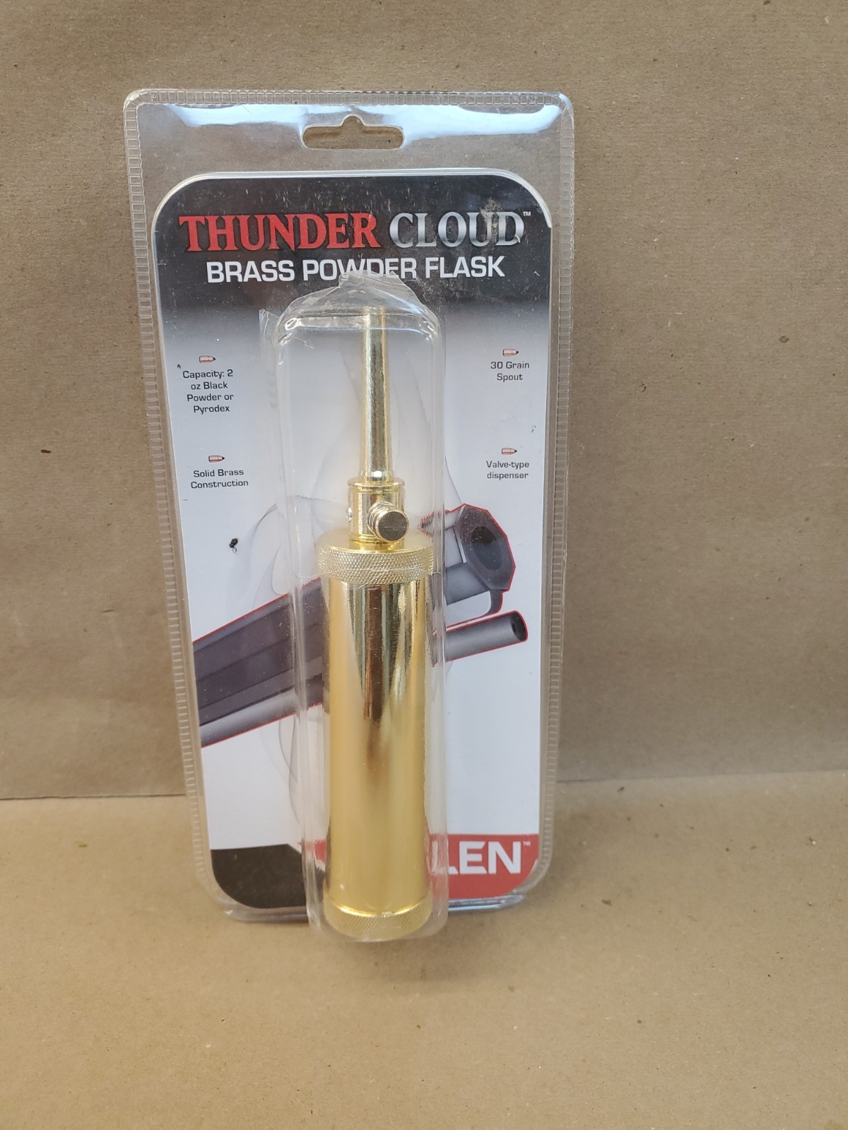 Allen Thunder Cloud Brass Powder Flask for Muzzleloader Black Powder, new unused
