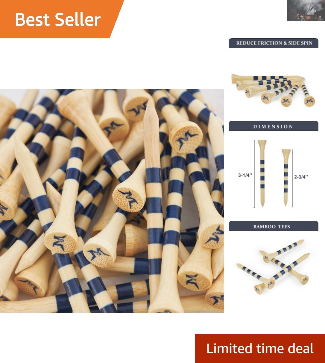 Natural Bamboo Golf Tees 2 3/4 & 3 1/4 Inch Pack of 50 or 120 - Reduce Friction