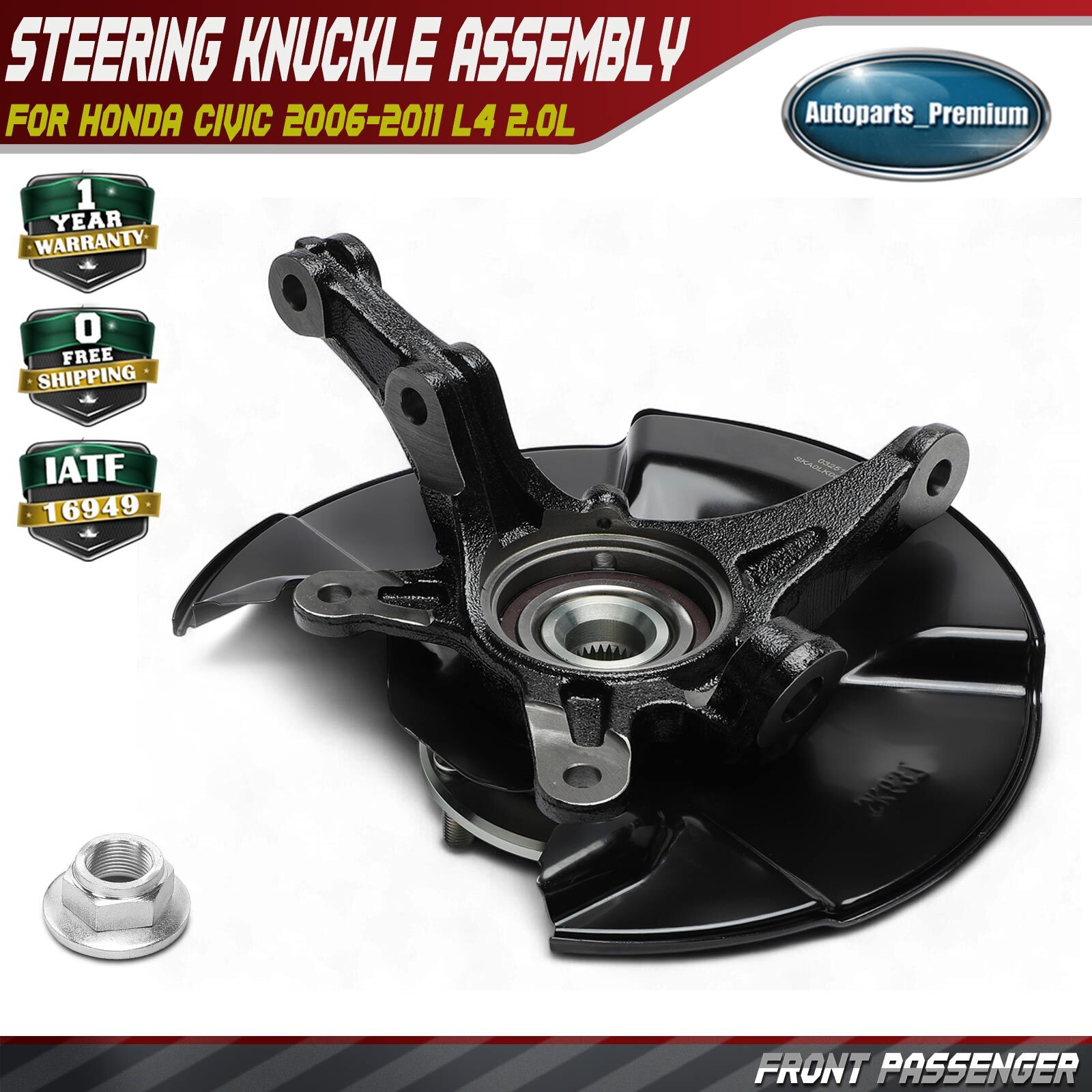 Front Passenger Steering Knuckle & Hub Bearing for Honda Civic 2006-2011 L4 2.0L