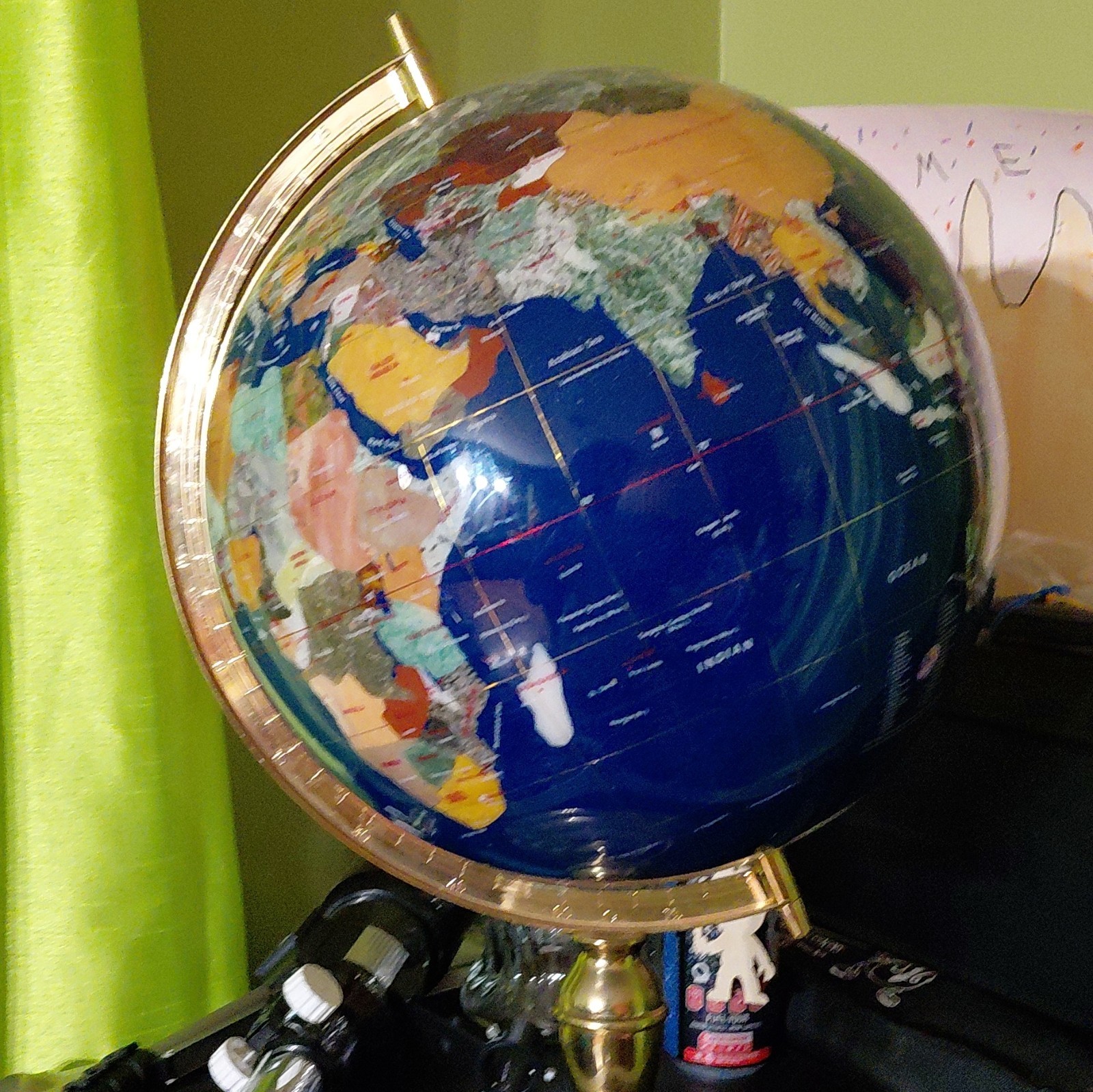 Rotating Tabletop World Globe Blue Oceans, Gold Finish Metal Base, Medium