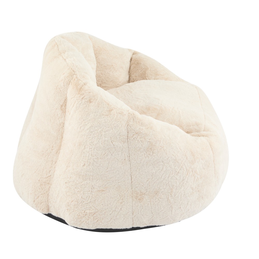 Beige Faux-Fur Bean Bag Chair, Indoor Cozy Armchair-Style, Shredded Foam Filler