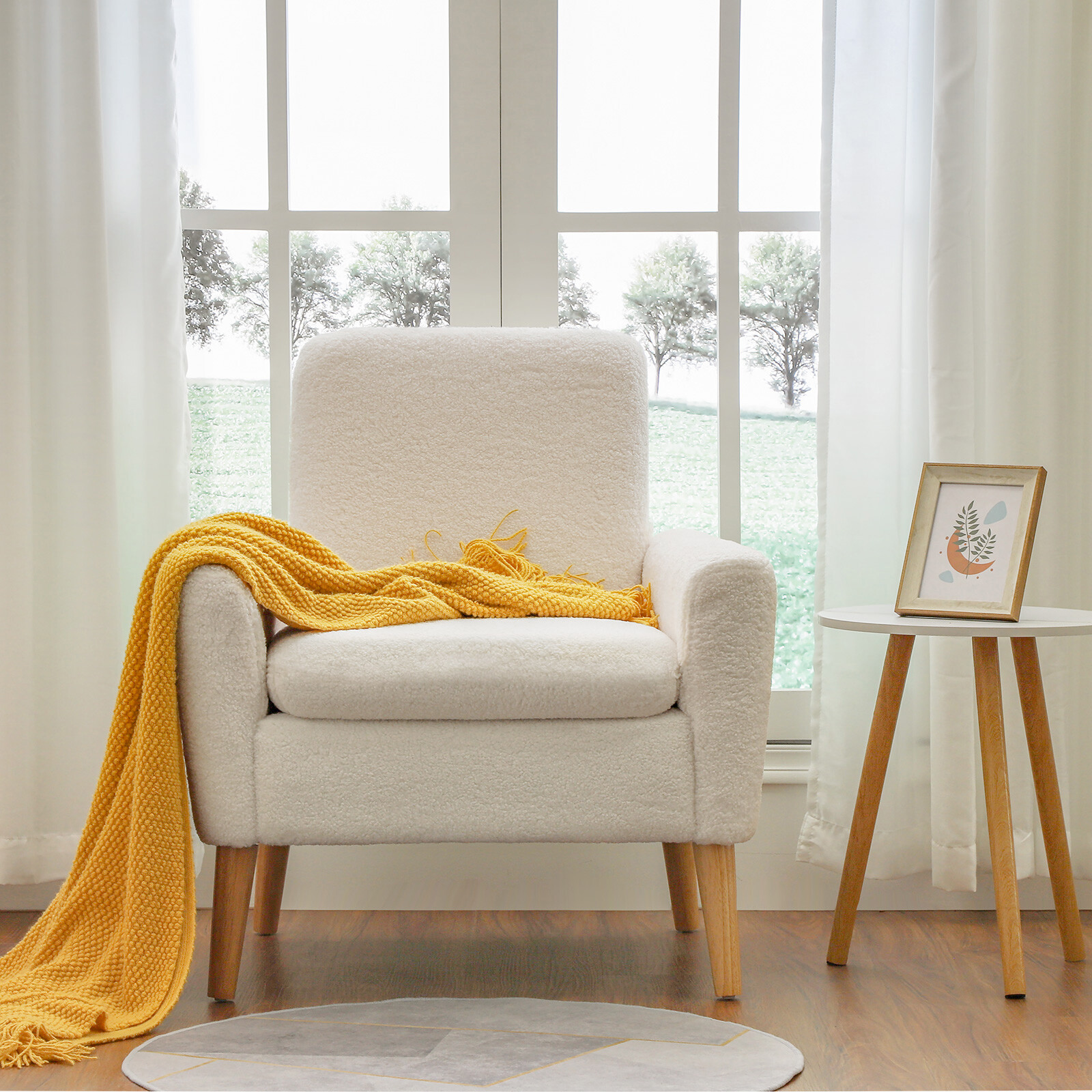 Accent Chair White Teddy Fabric Upholstered Comfortable Arm Chair Sofa Chair