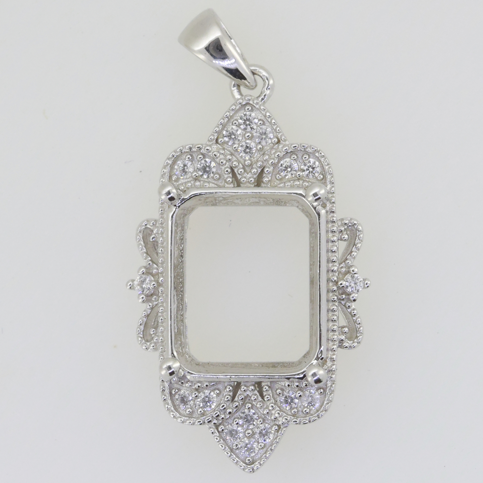 Sterling Silver Semi Mount Pendant Setting OCT 12x10mm Vintage Milgrain