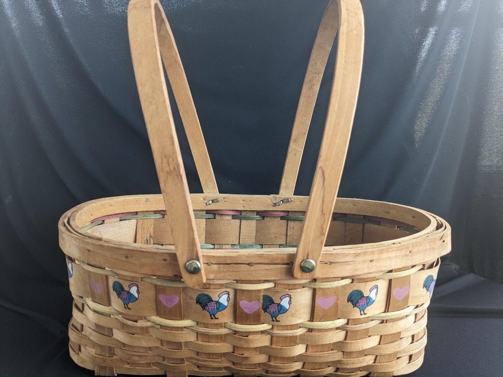 Vintage Woven Basket With Chickens & Hearts Country Decor Cottage Core 14x9x13.5