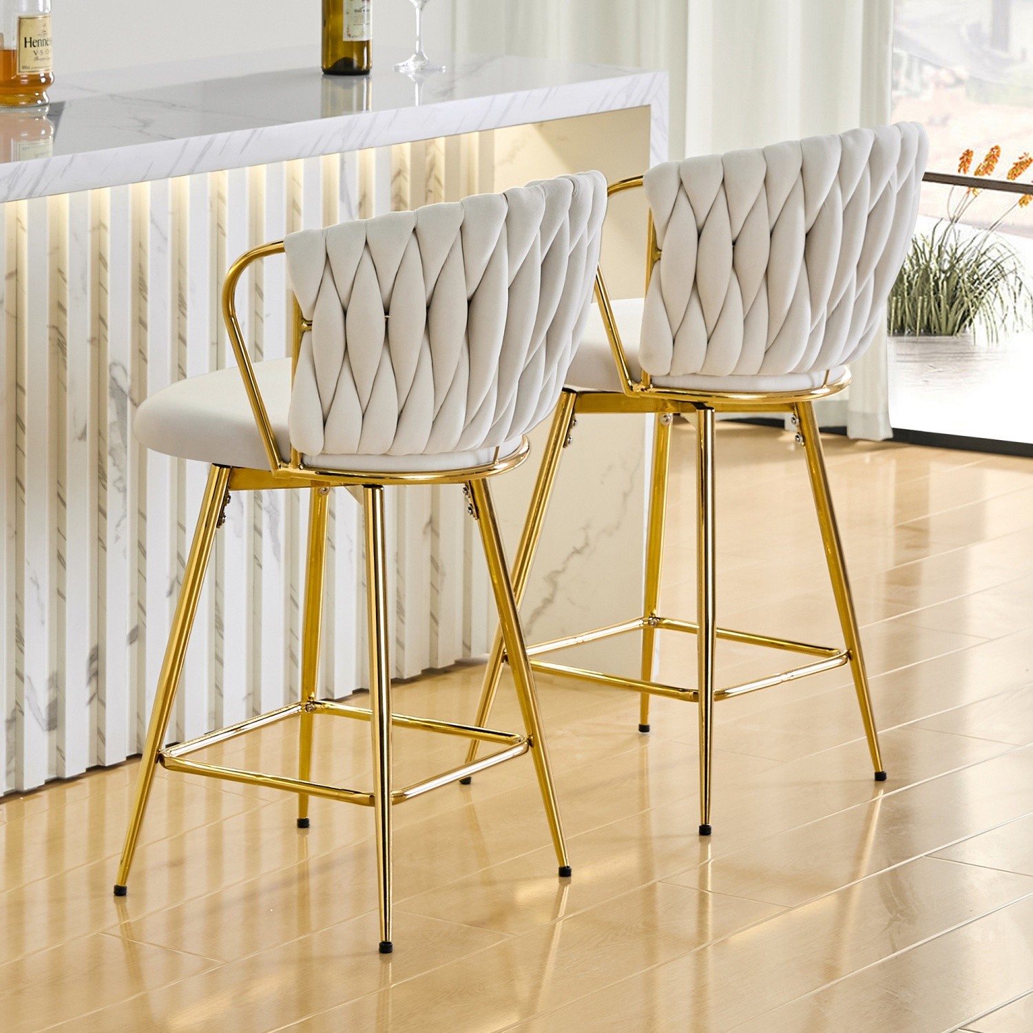 Swivel Bar Stools Set of 2 Velvet Braided w/ Gold Metal Frame for Kitchen Island
