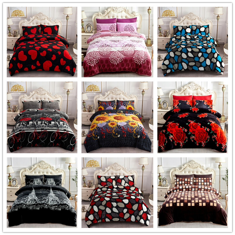 3 Piece Sherpa Blankets Warm Reversible Borrego Blanket Set Comforter King Queen