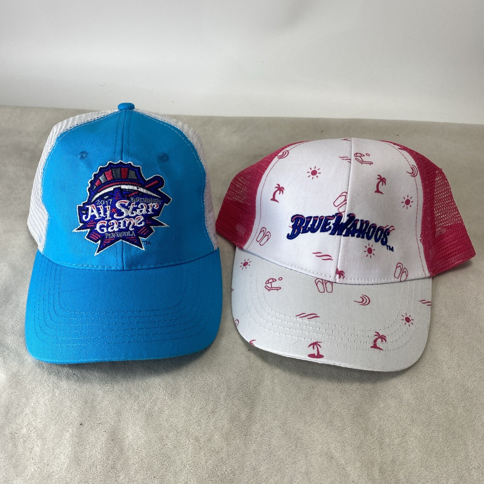 Lot of 2 Baseball Cap Pensacola BLUE WAHOOS Aqua Blue Pink Adjustable Mesh Back