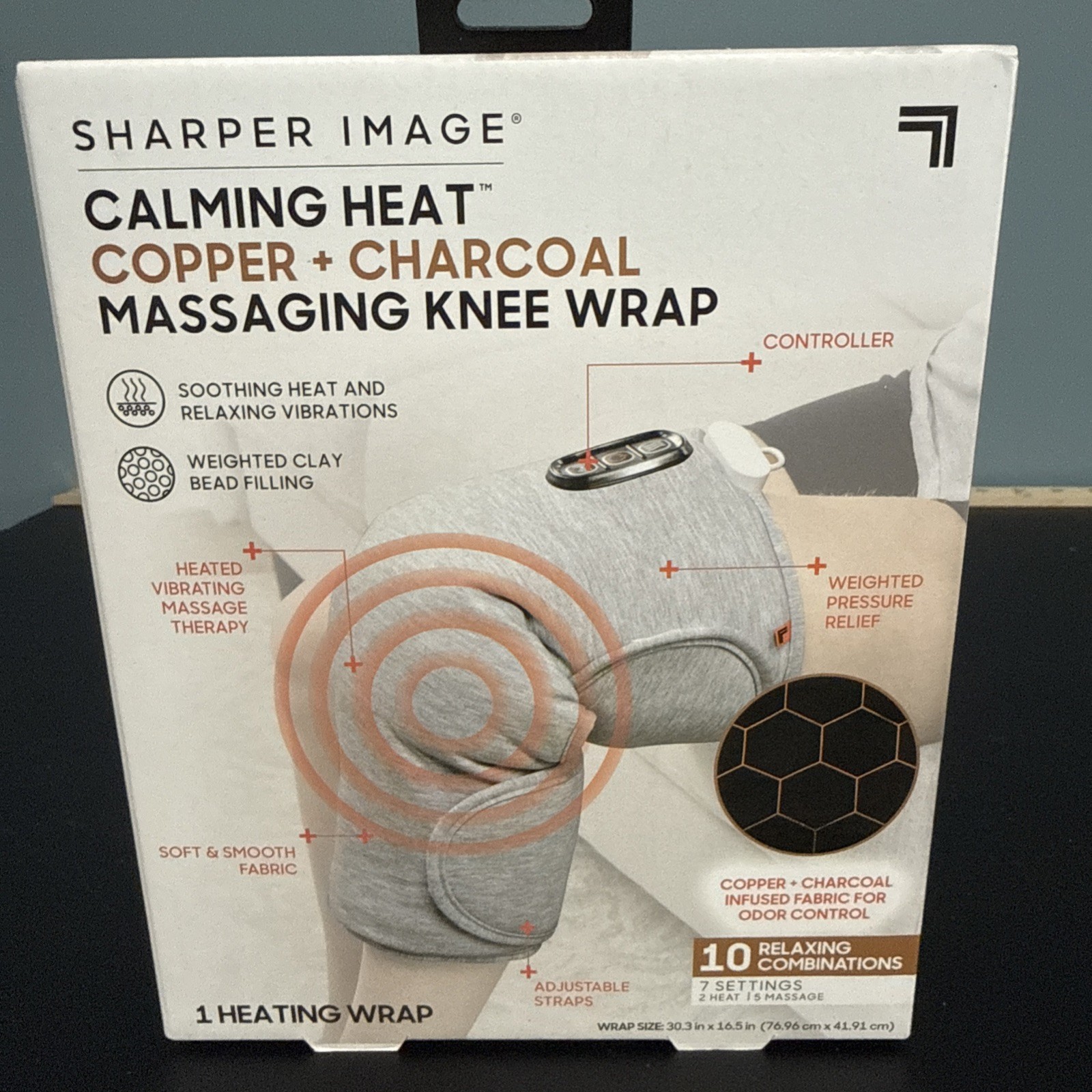 Sharper Image Calming Heat Massaging Knee Wrap Copper Charcoal NIB