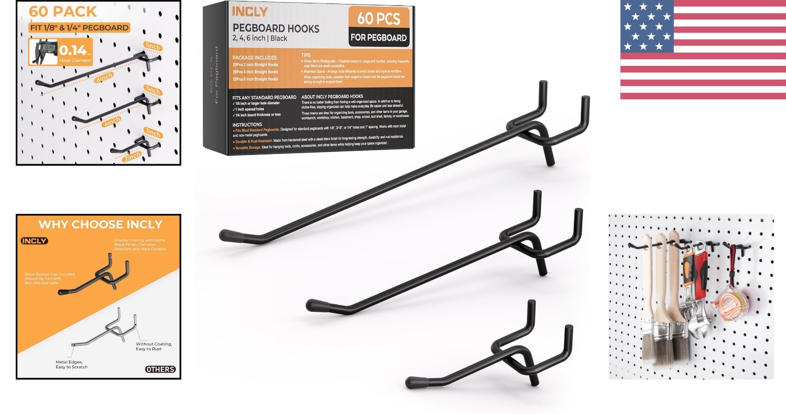 Durable Black Pegboard Hooks Set - 60 Pieces in 2/4/6 Inch for Versatile Storage