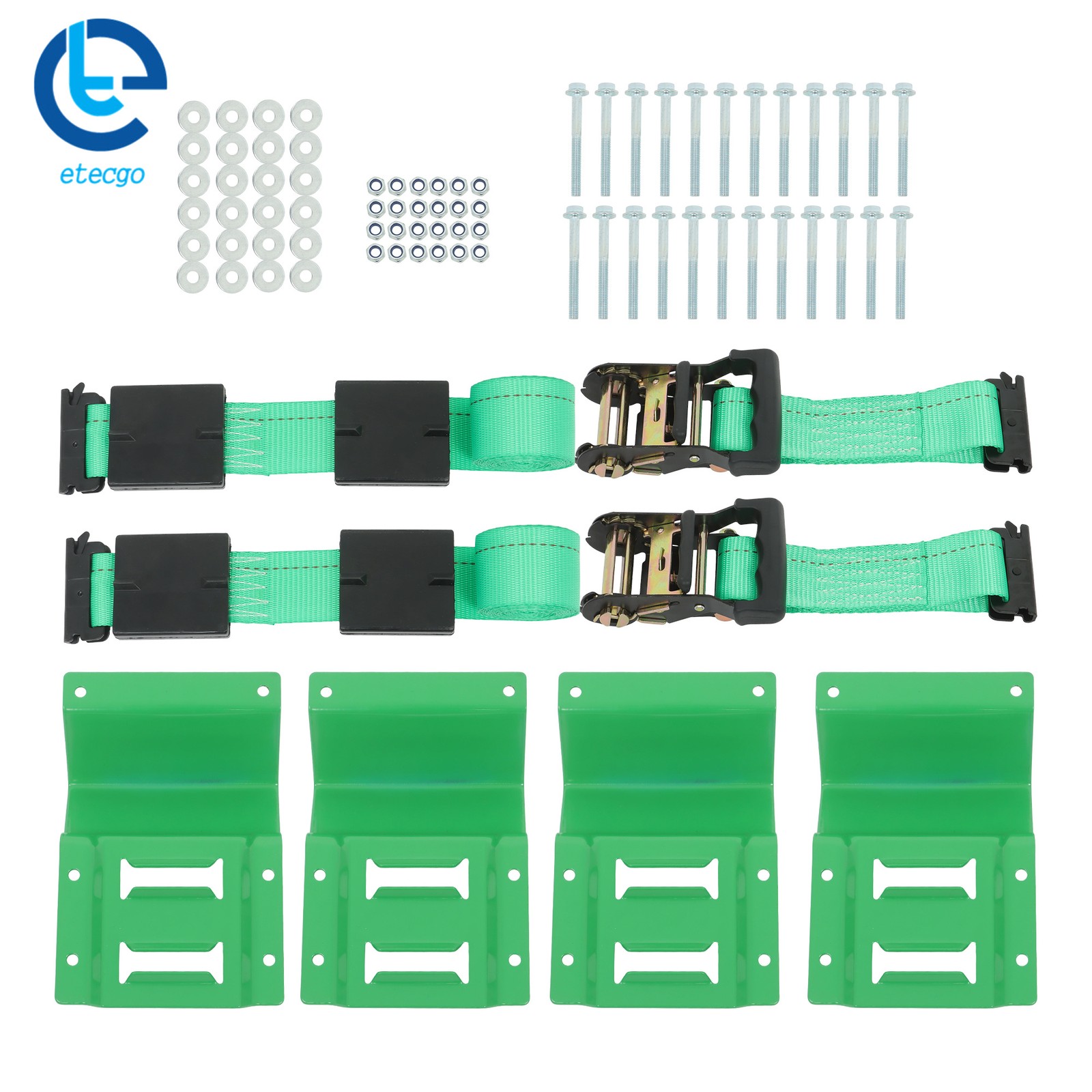 1 Set Green E Tie-Down Track Wheel Chock With 8 Foot Green Ratchet Straps