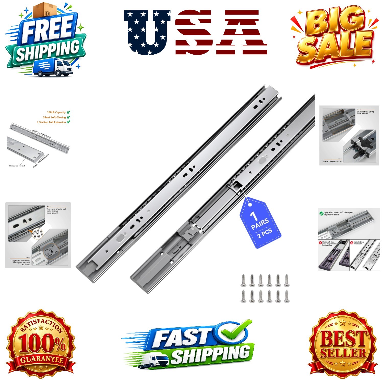 1 Pair Side Mount Heavy Duty Drawer Glides 22 inch Soft Close Drawer Slides 1...