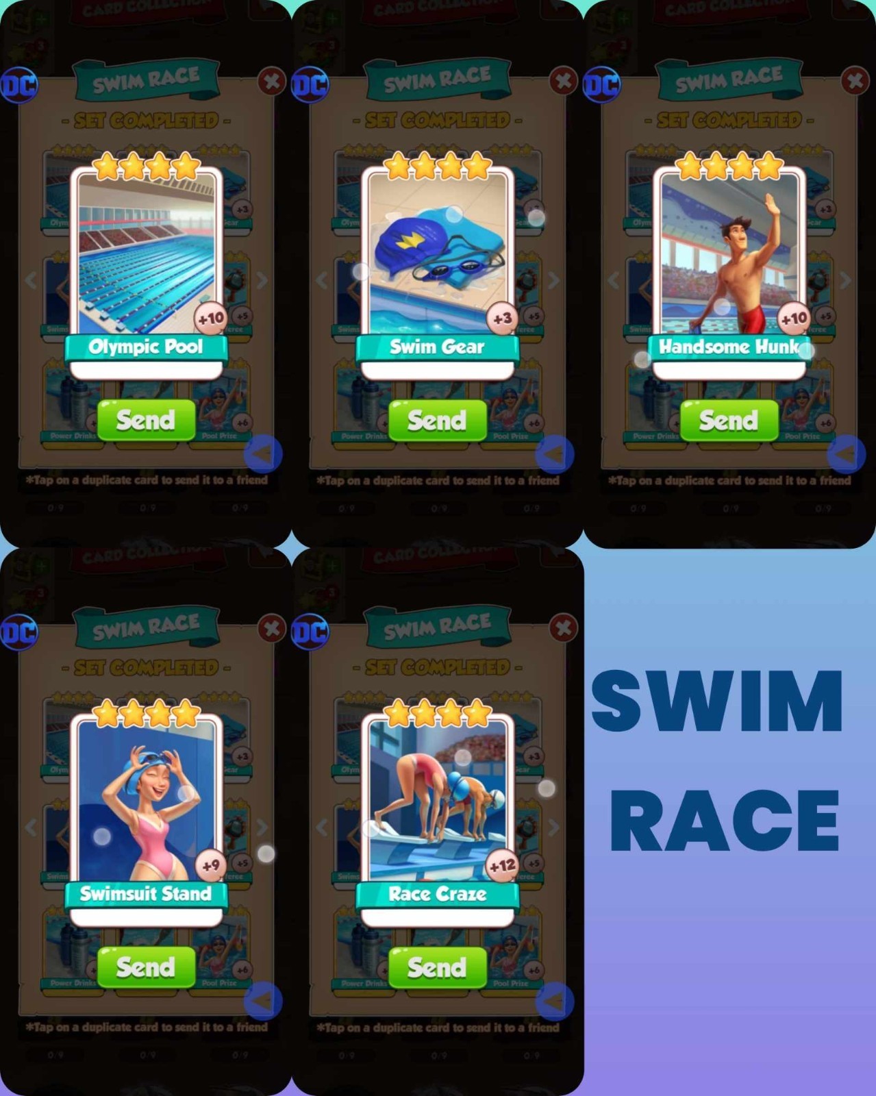 Coin Master  Cards 1x Set SWIM RACE Total 5 Card Instant And Fast Sending