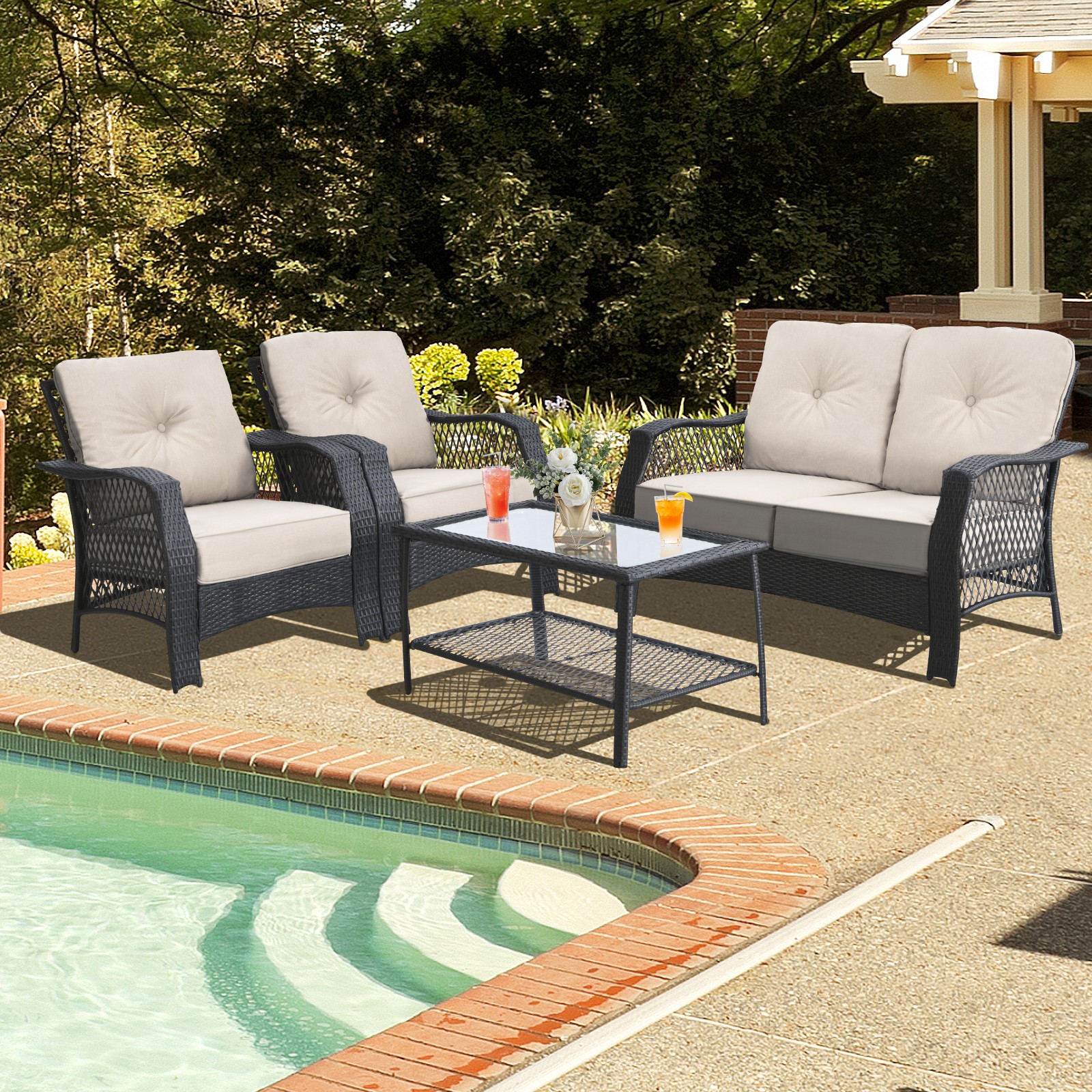 Patiojoy 4PCS Patio Rattan Furniture Set Outdoor Conversation Set w/Tempered