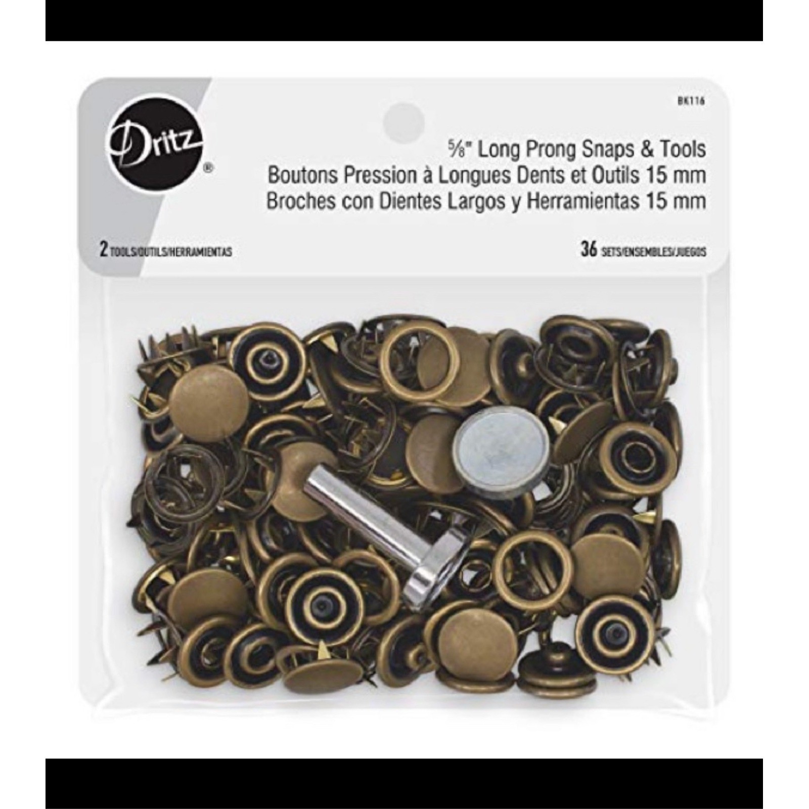 Dritz 5/8" Long Prong Snaps & Tools BK116 Brass Finish 36 Sets