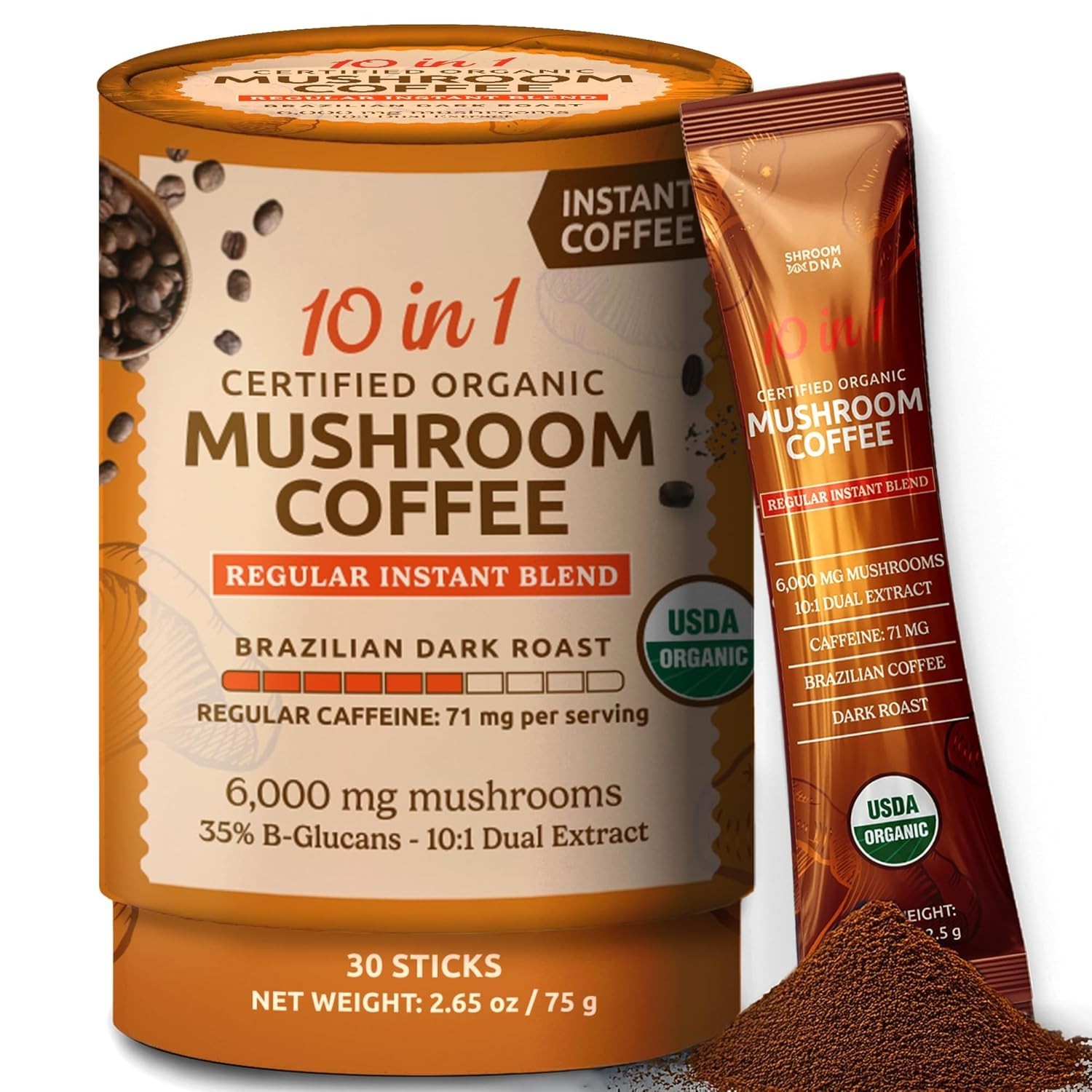 10-In-1 USDA Certified Organic Mushroom Coffee Instant, Instant Mushroom Coffee