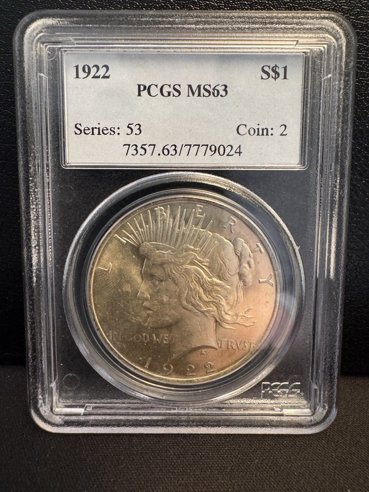 1922 P PCGS MS63 - Toned Silver Peace Dollar $1 US Coin