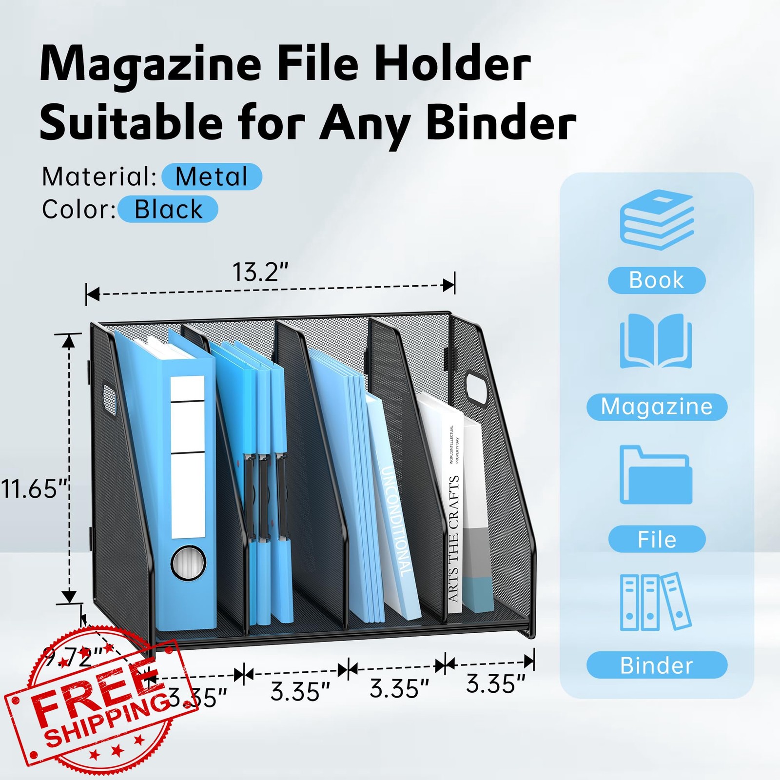 SUPEASY Black Binder Magazine File Holder 4 Compartments