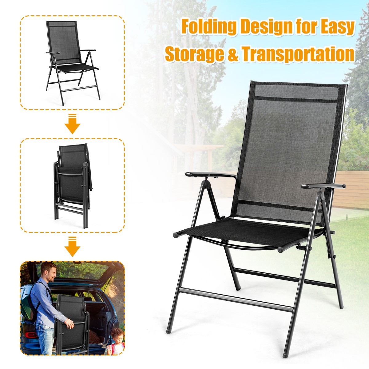 Set of 2 Patio Folding Dining Chair Recliner Adjustable Camping Portable Black