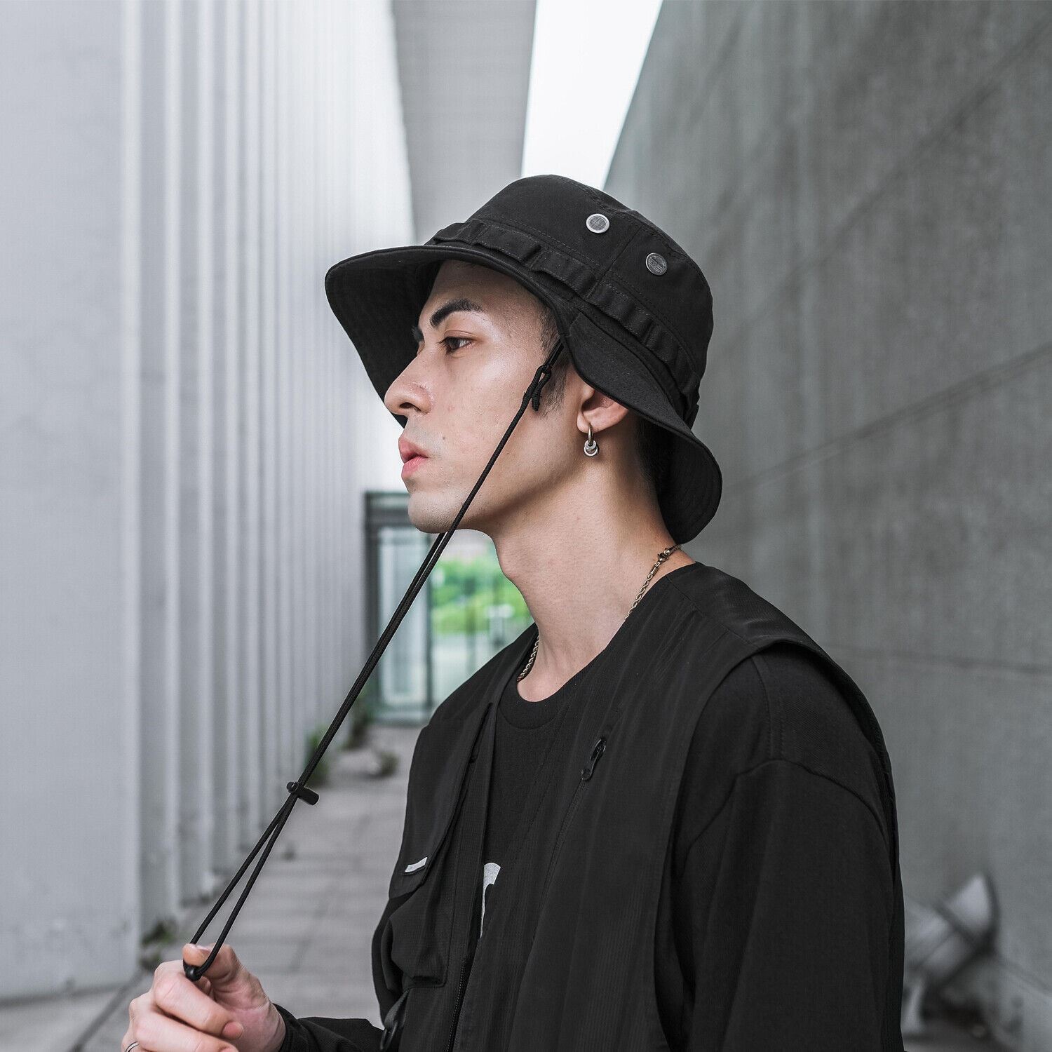 Niepce Unisex Breakthrough Bucket Hat Black Fisherman Cap with Drawstring