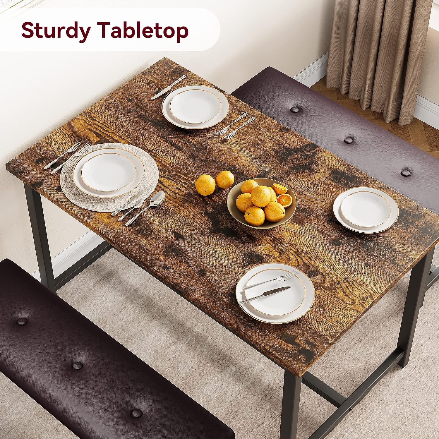 Dining Table Set for 4, Kitchen Table Set for 4 with Upholstered Benches, Rectan