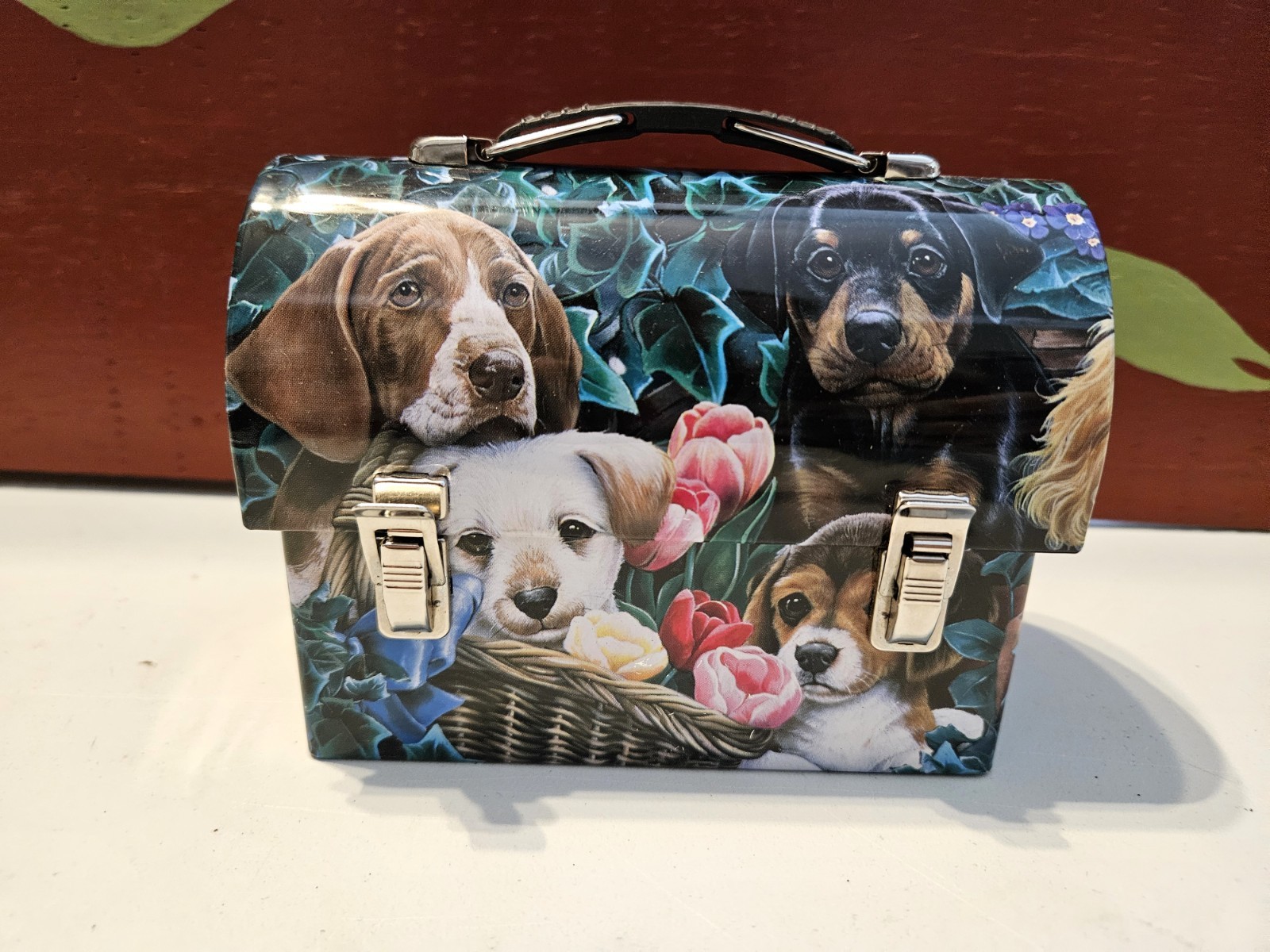 Vintage 2008 Miniature Metal Lunch Box Tin Puppies Jenny Newland Howie's Hearts