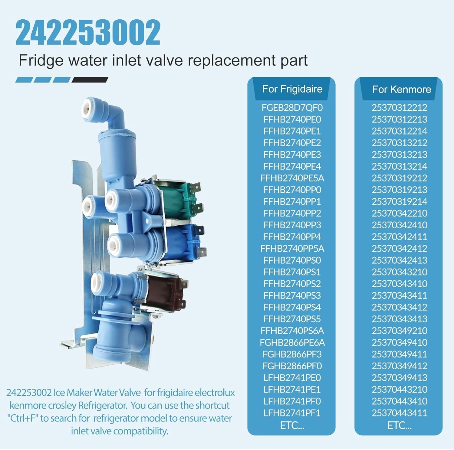 242253002 Refrigerator Ice Maker Water Inlet Valve for frigidaire electrolux