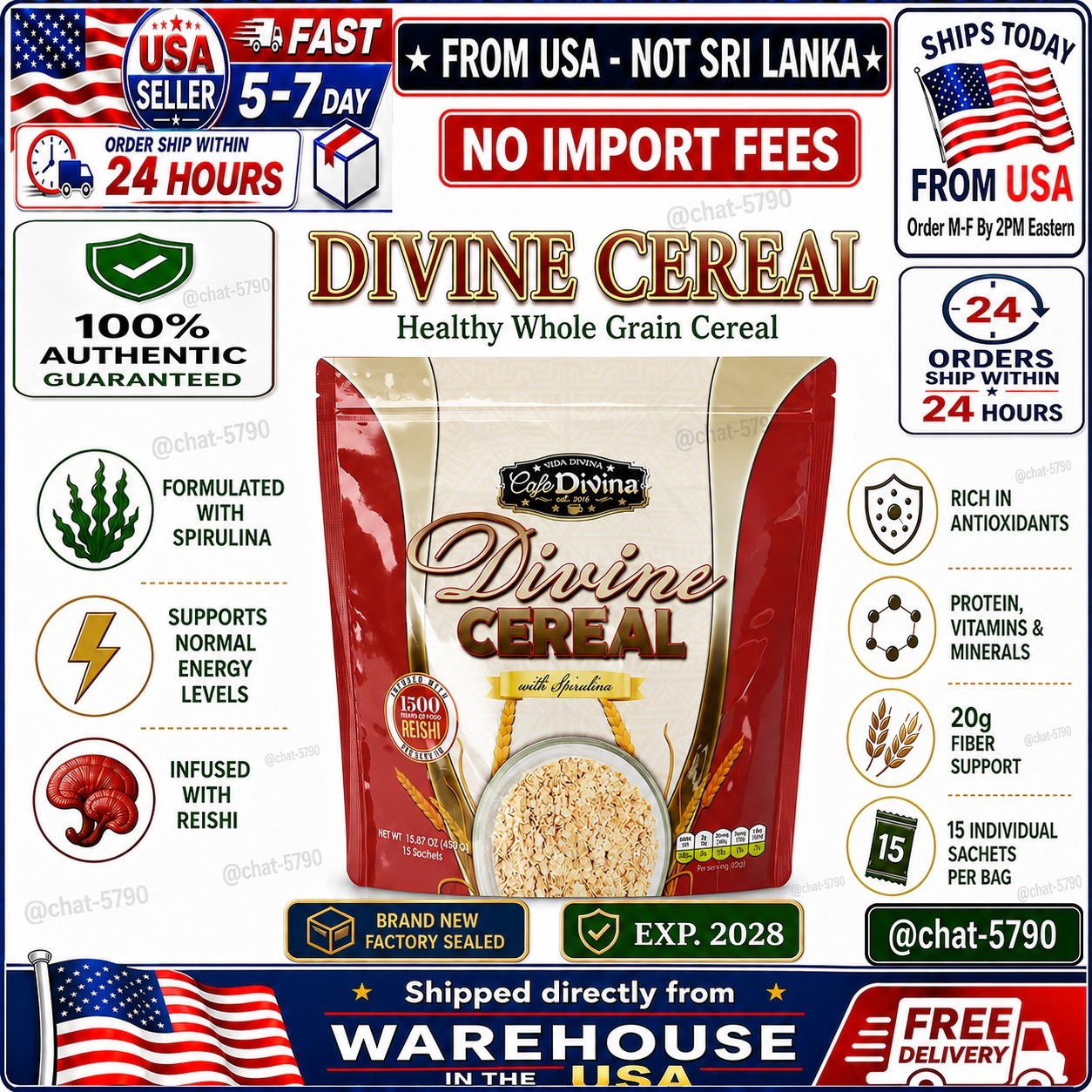VlDA DlVlNA Divine Cereal Spirulina Reishi 15 Sachets Factory Sealed🚚From USA🚚