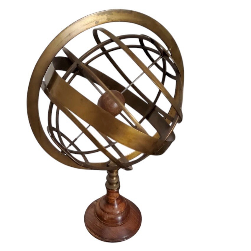 Large VTG Brass Wood Armillary Sphere Globe 20” Celestial Sculpture Library
