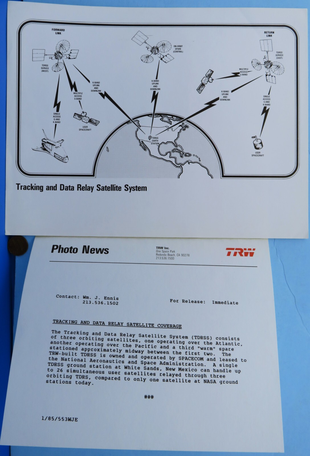 Press release TRW '85 vtg TDRSS Space Shuttle Tracking Data Relay Satellite NASA