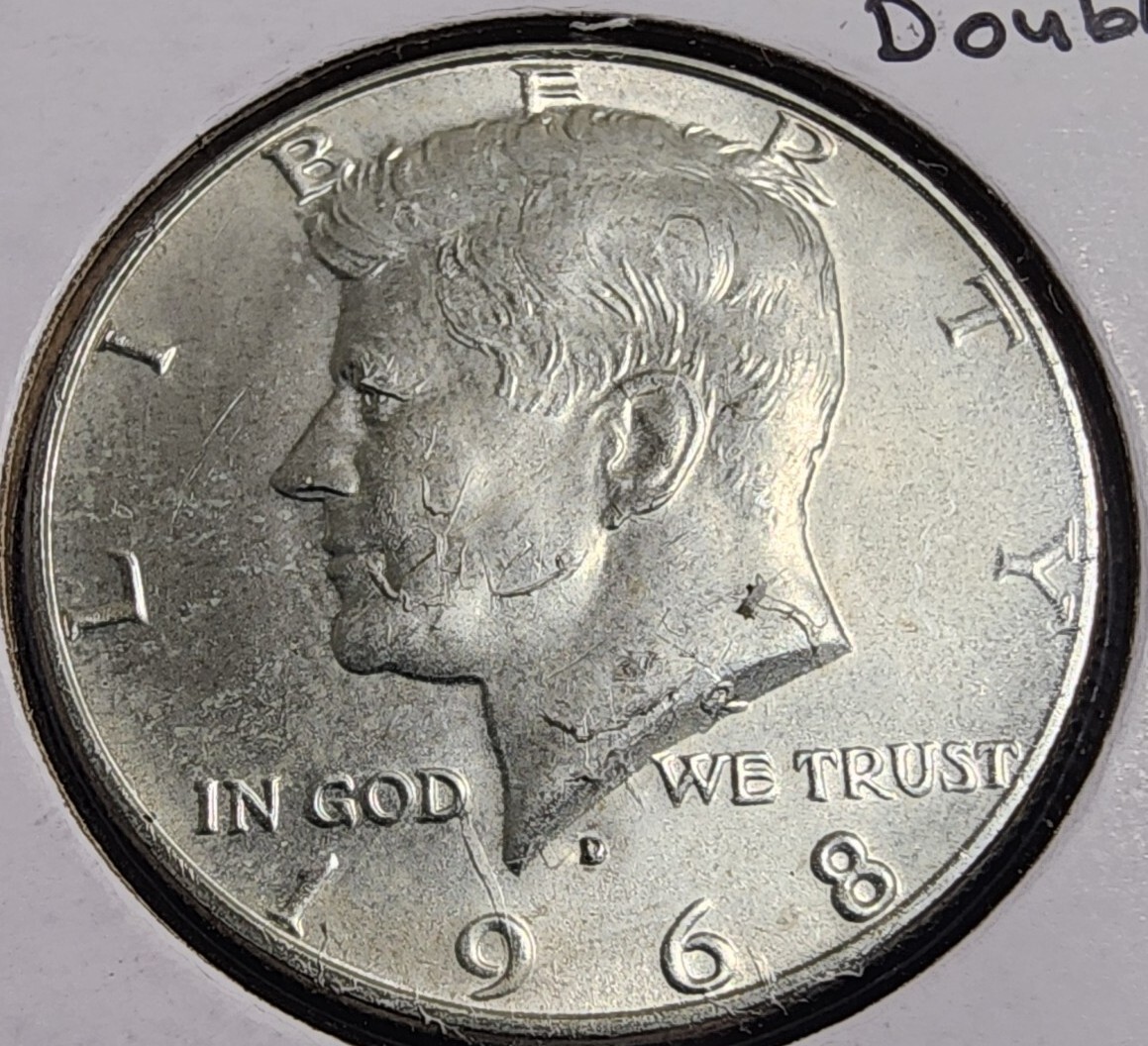 1968-D REVERSE MAJOR MACHINE DOUBLING KENNEDY HALF DOLLAR, SILVER