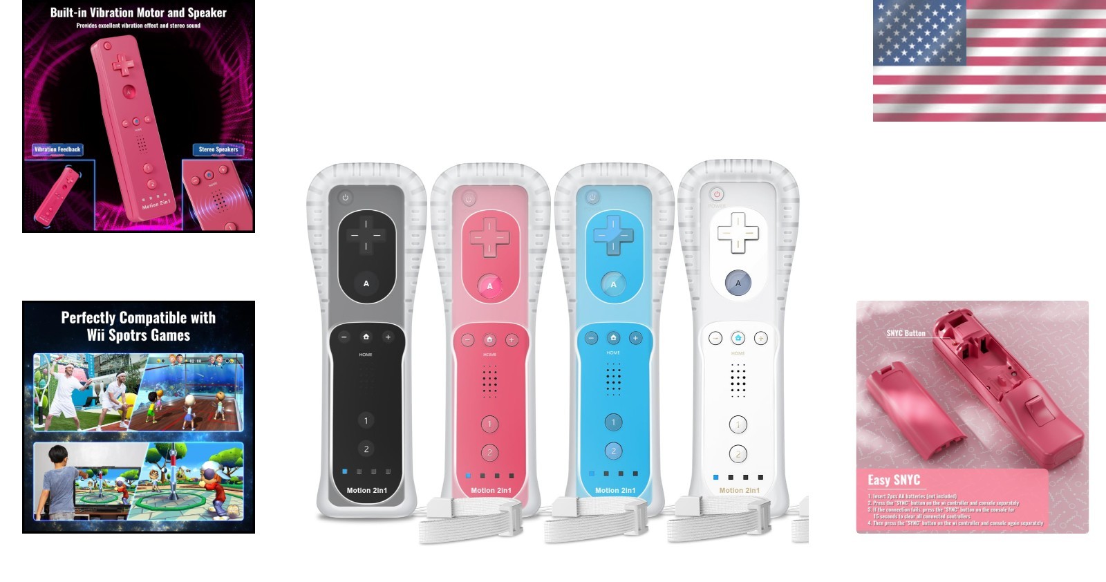 Enhanced Motion Plus Wii Controllers - 4 Color Set with Silicone Covers & Straps